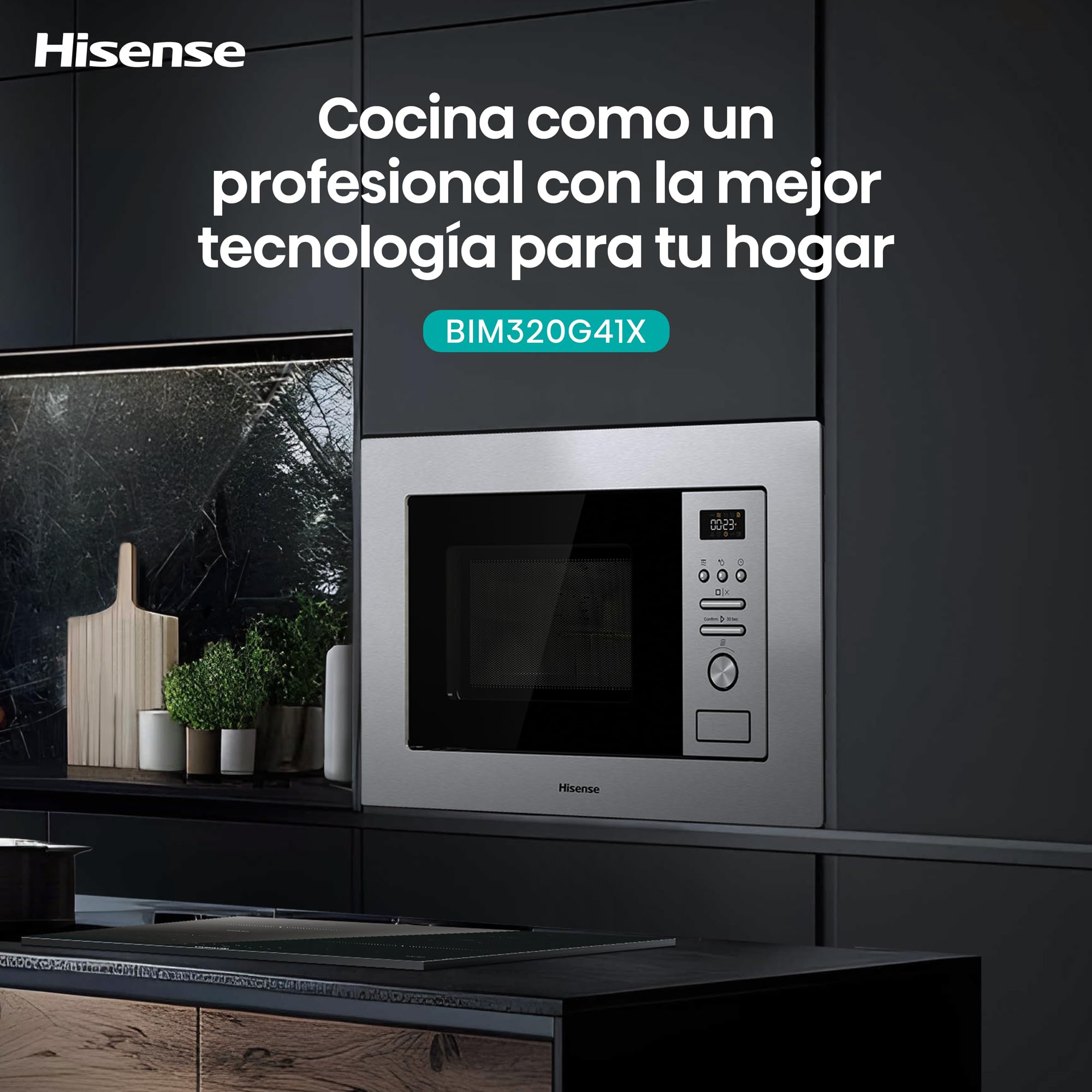 Hisense BIM320G41X - Microondas Integrable, 1000W, 20L, Alto 38.8cm x Ancho 59.5cm, Color Inox, 5 Niveles de Potencia, 15 Programas Preestablecidos, Grill Combo, Descongelar por Tiempo o Peso