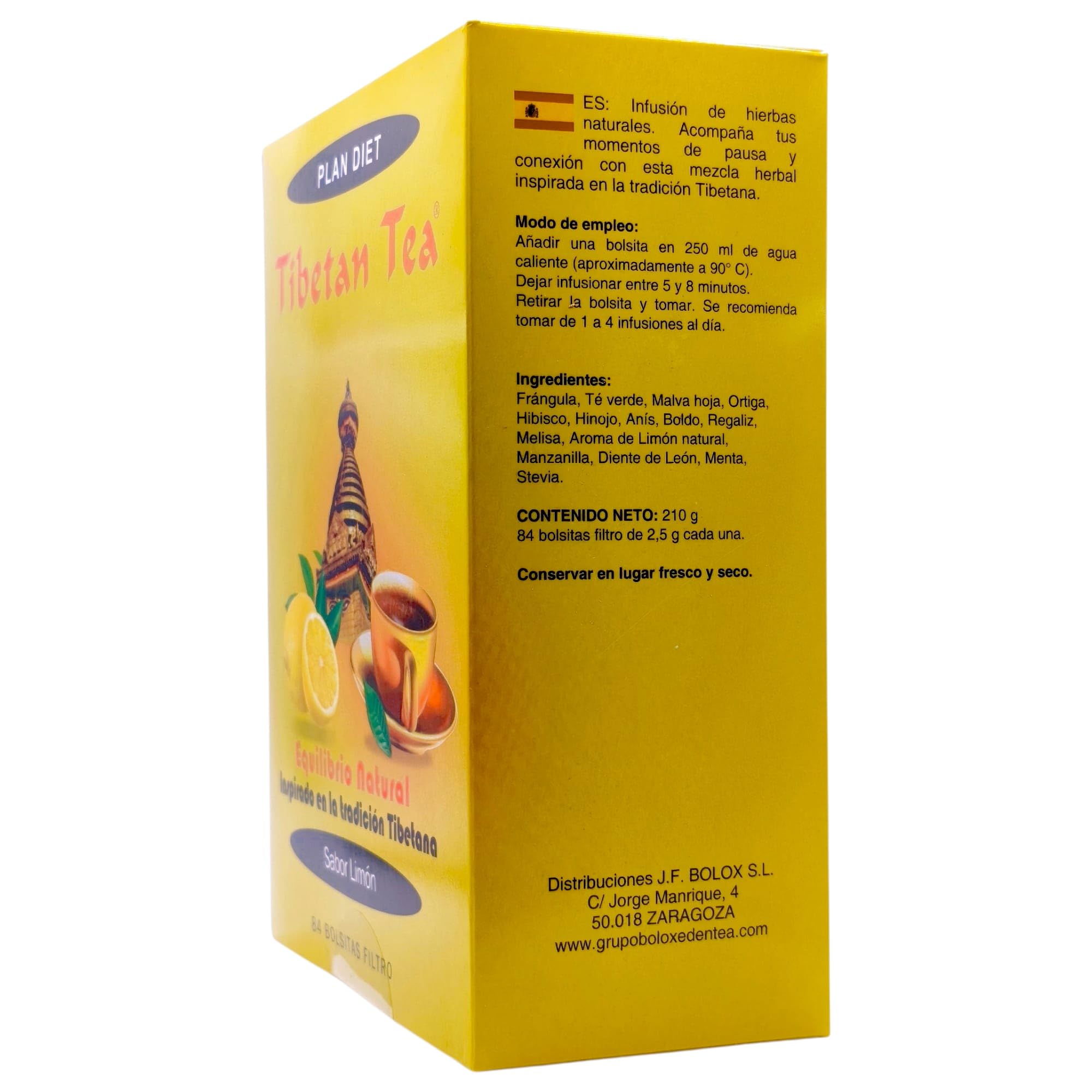 Tibetan Tea Sabor Limón 84 Bolsitas - Infusión Detox y Digestiva con Té Verde, Escaramujo y Laurel - Favorece la Regularidad Intestinal, el Control de Peso y Reduce la Hinchazón