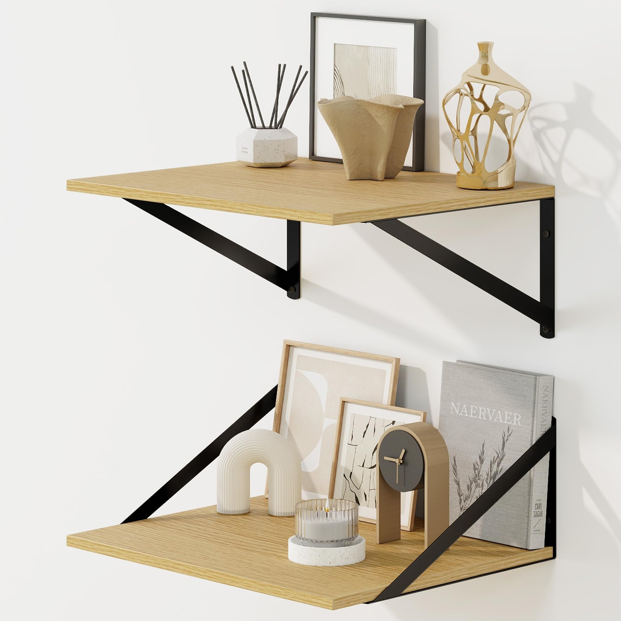 Fun Memories Floating Shelves for Wall, 12 Inch Deep Floating Shelves Set of 2, 16W x 12D Large Wall Shelf with Sturdy Metal Brackets for Living Room,