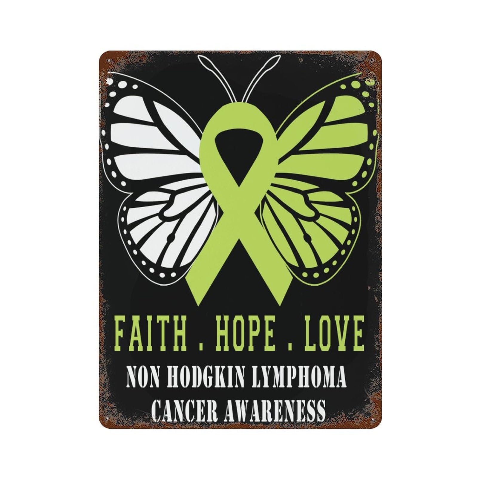 KWQDOZF Butterfly Non Hodgkin Lymphoma Cancer Awareness Theme Metal Tin Sign,Vintage Iron Hanging Plate Vertical with Rust Poster Wall Decor 12x16inch