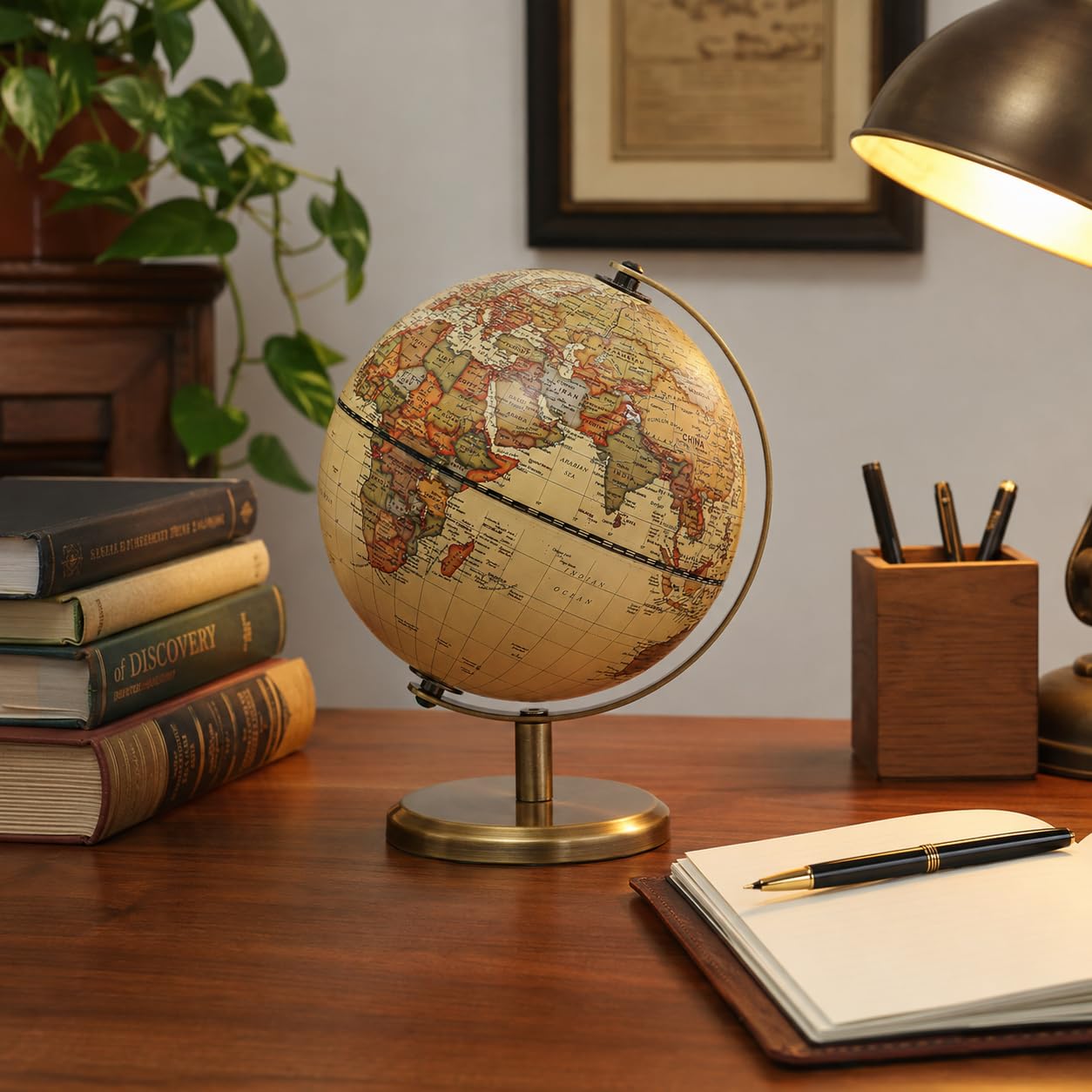 Exerz 14cm Antiker Globus- Englische Karte - Metallbasis Bronzierte Farbe - Pädagogische/geografische/moderne Schreibtischdekoration - für Schule, Zuhause und Büro