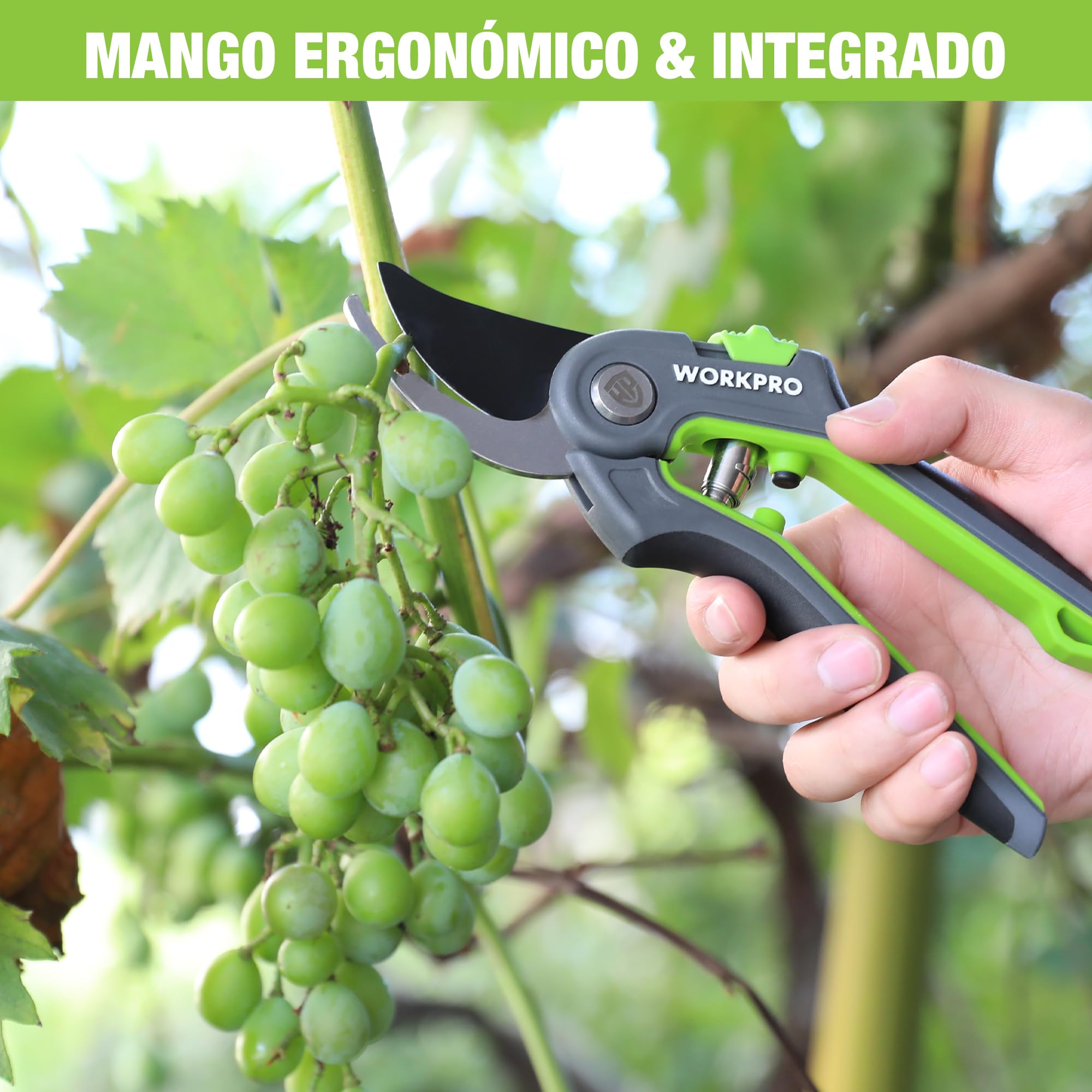 WORKPRO Tijera de Podar 210mm, Tijeras de Podar Bypass Profesionales con Hoja SK5, Tijeras Curva Corte de 19mm, Herramienta de Jardín, Ideal para Injertar, Podar, Tijeras de Podar para Jardinería
