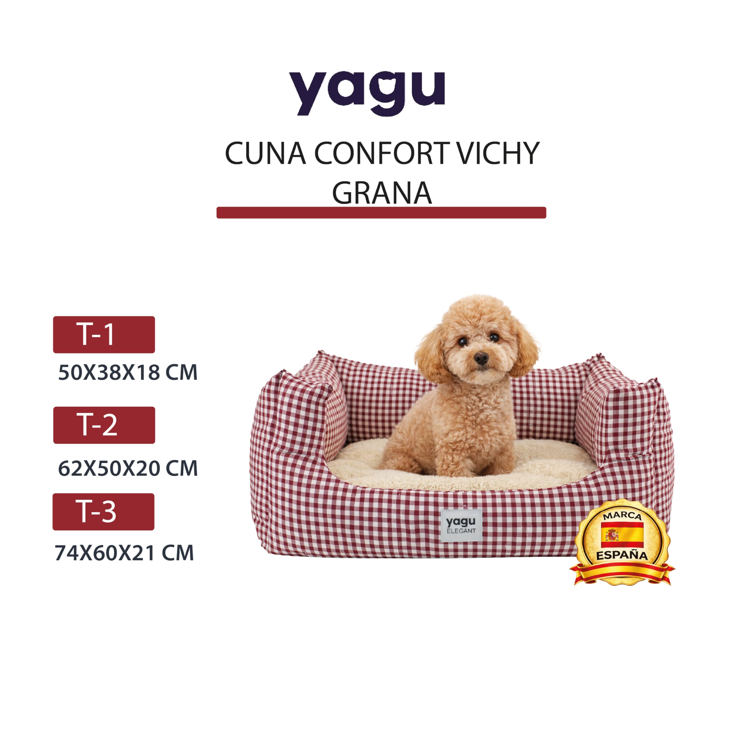 YAGU - Cama para Perros y Gatos T-1 (50x38x22 cm) Cama Confort Diseño Vichy Grana con Interior de Borreguillo Suave. Cojín Reversible, Relleno de Fibra Reciclada, Lavable y Base Antideslizante - 3