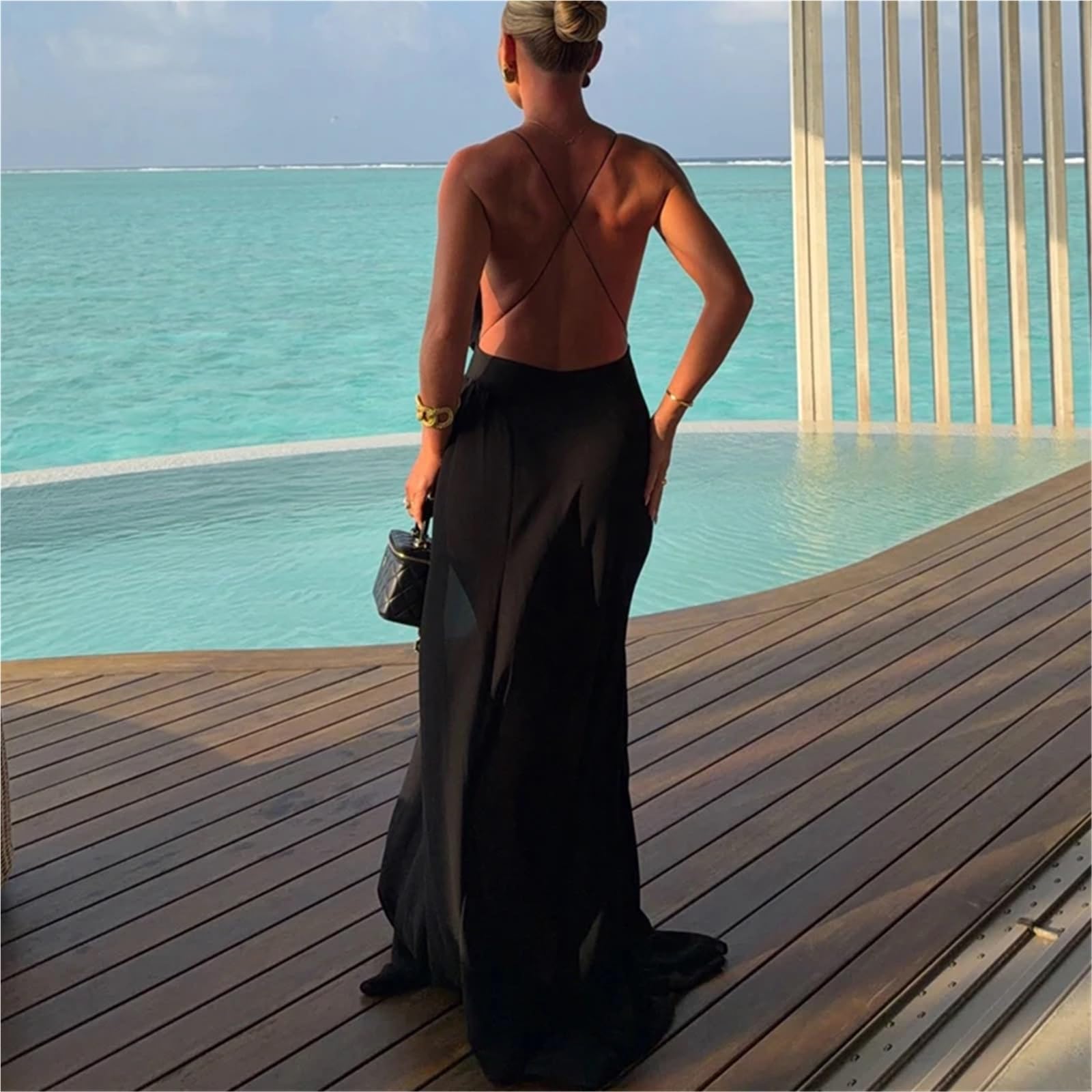 Vestido de Playa Casual sin Espalda Vestidos Fiesta Sexy Mujer Largo Verano Ahueca hacia Fuera la Correa Mangas