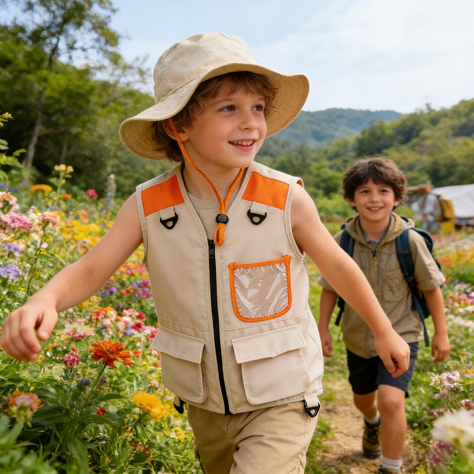 Gilet da per bambini - con cappello Abbigliamento lavabile | Set con gilet Safari per bambini all'aperto | Ragazzi e ragazze per escursioni Campeggio Trekking Avventure W