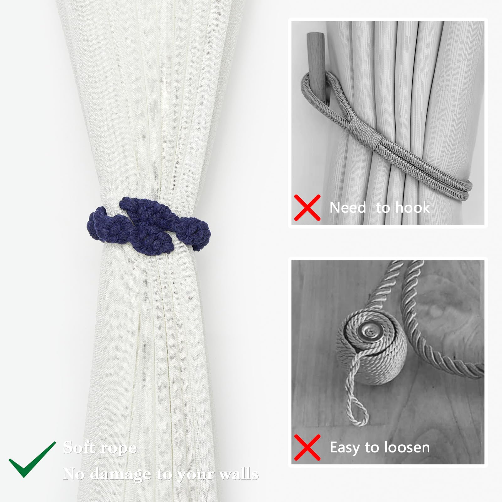 Pretty Jolly 4 Pack Natural Cotton Rope Curtain Tiebacks Farmhouse Rustic Style Decorative Drape Tie Backs Spiral Braided Curtain Holdbacks for Home & Office Sheer/Light Weight Drapery (C-Dark Blue) - Image 2