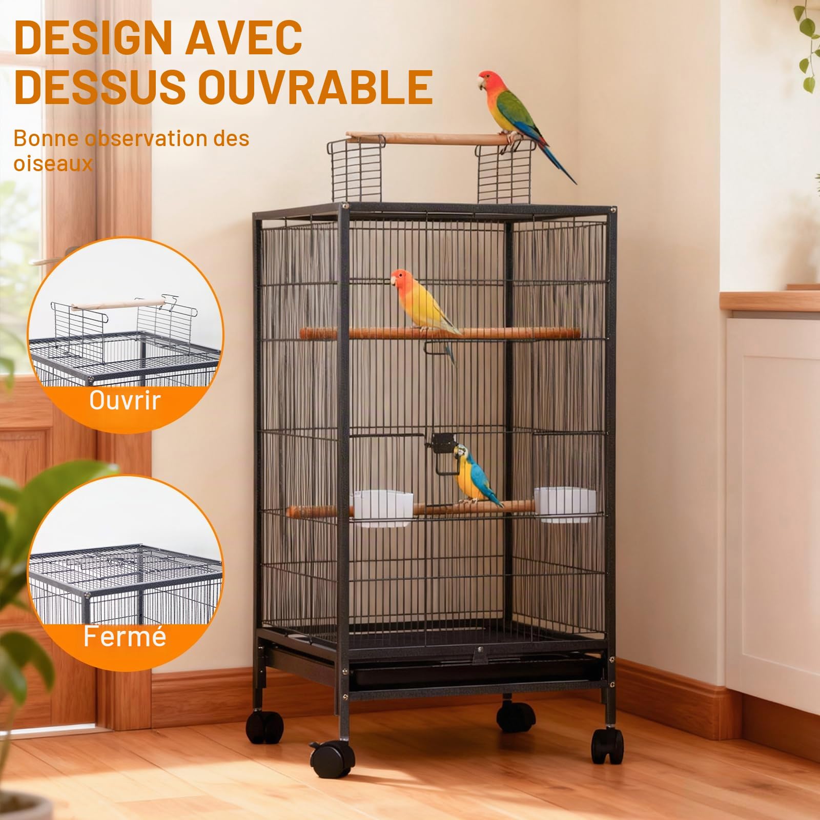 Cage à oiseaux, 46 x 46 x 102 cm, grand format, avec toit de jeu, support à roulettes et plateau amovible, avec 3 perchoirs, mangeoires et abreuvoir pour perruches, canaris