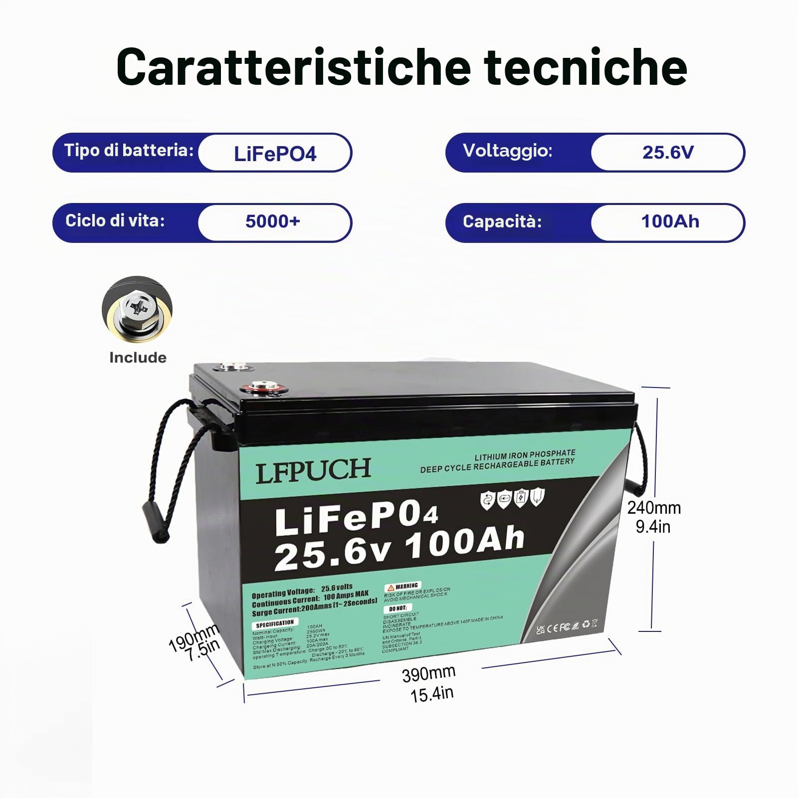 Leisure Batteria，Batteria LiFePO4 24V 100Ah, batteria al litio ferro fosfato invece della batteria AGM per auto o batteria a ciclo profondo, adatto per impianti fotovoltaici, campeggio, ecc.