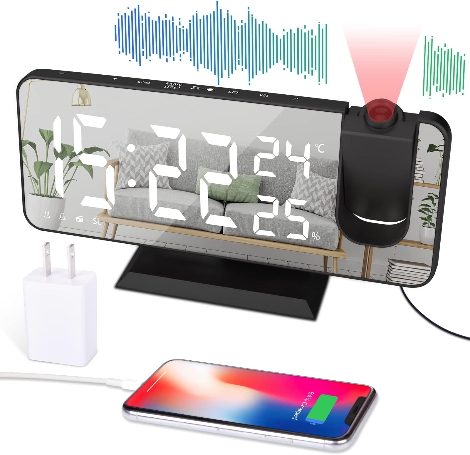 Thermo-Hygrometer, Digital Projection Clock, Multifunctional Alarm Clock with AC Adapter, FM Radio, Alarm, Projection, Snooze Function, Mobile Phone Charging Capable, Can be Used as a Mirror