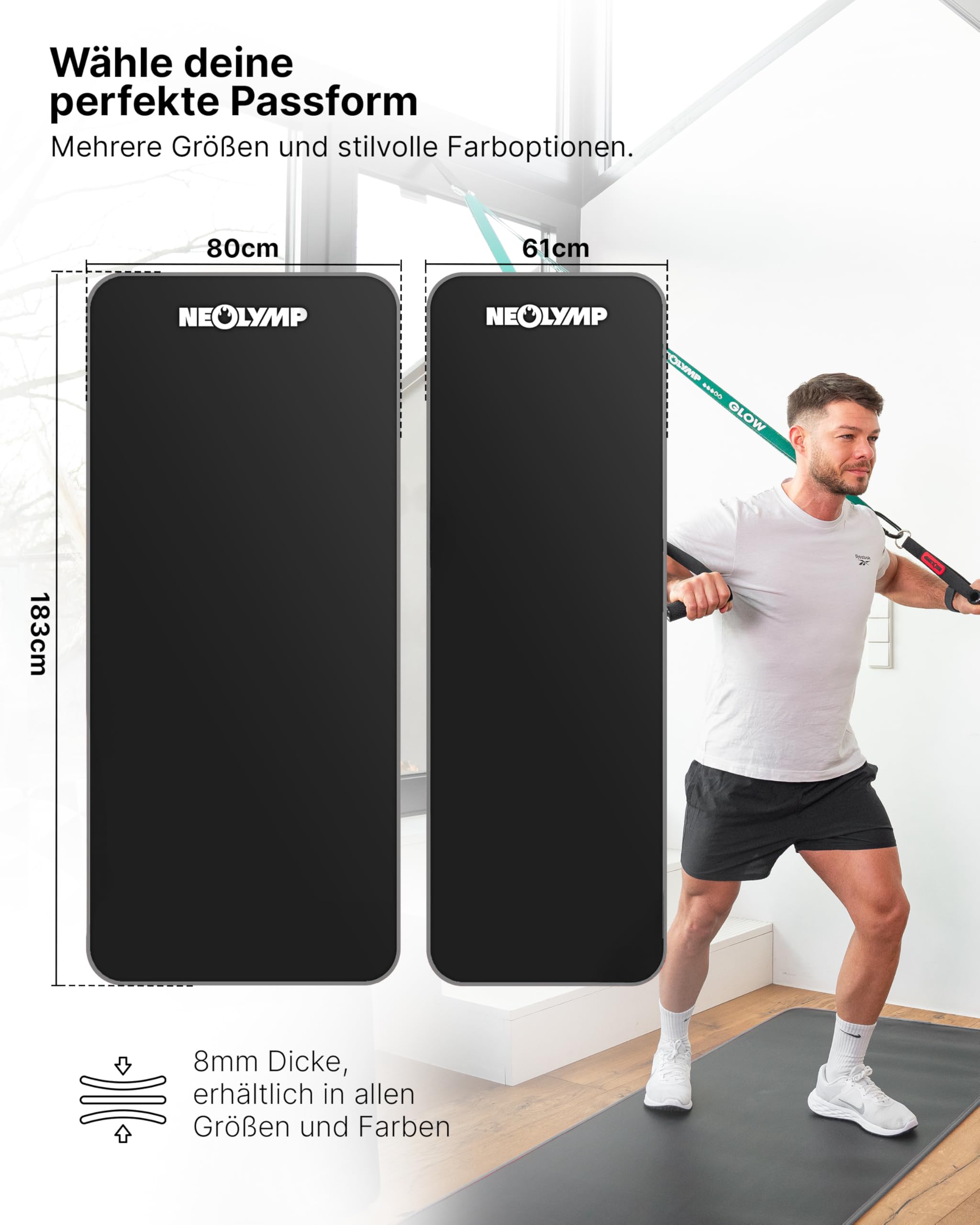 NEOLYMP extra dicke Fitnessmatte rutschfest inkl. Tragegurt & E-Book – Yogamatte, Gymnastikmatte, Sportmatte & Pilates Matte – Trainingsmatte für Zuhause, Studio & Outdoor (Grau 80 cm)