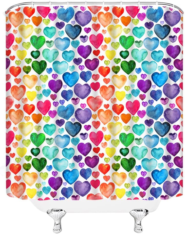 Heart Shower Curtain Valentines Colorful Heart Watercolor Sweet Love Romantic Couple Polyester Bathroom Decor Curtain with Hook,Red Blue Purple