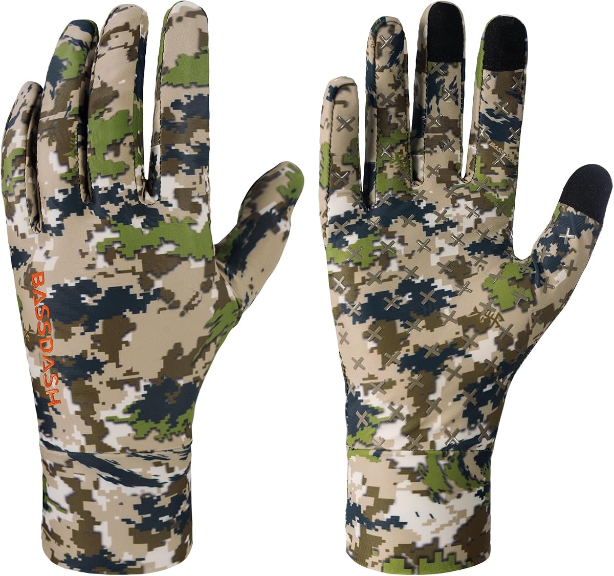 BASSDASH Guantes de caza de camuflaje para hombre UPF 50+, guantes ligeros con pantalla táctil para clima cálido, pesca, senderismo, actividades al aire libre