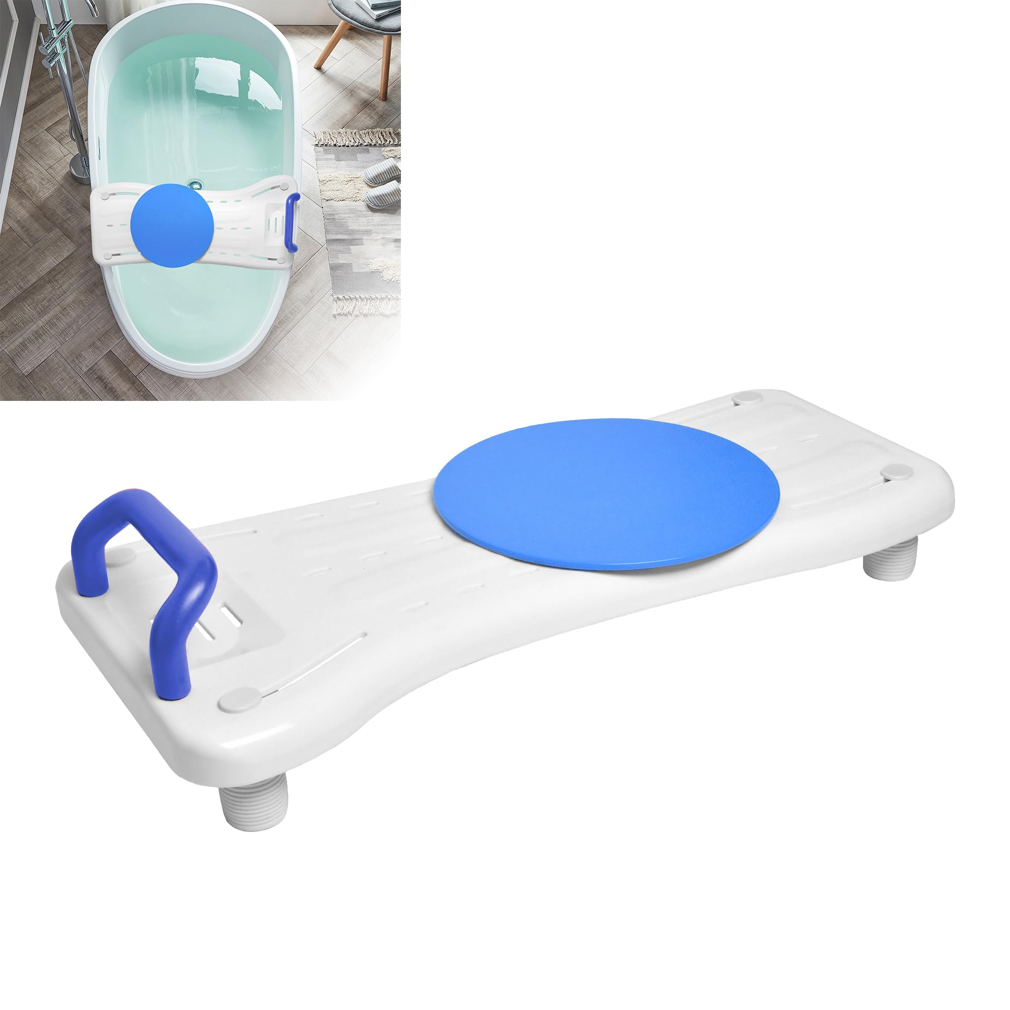 XMTECH Siège de baignoire pour personnes âgées - Planche de baignoire pour s'asseoir - Avec poignée ergonomique - Antidérapante - En plastique - Avec poignée bleue et plateau tournant