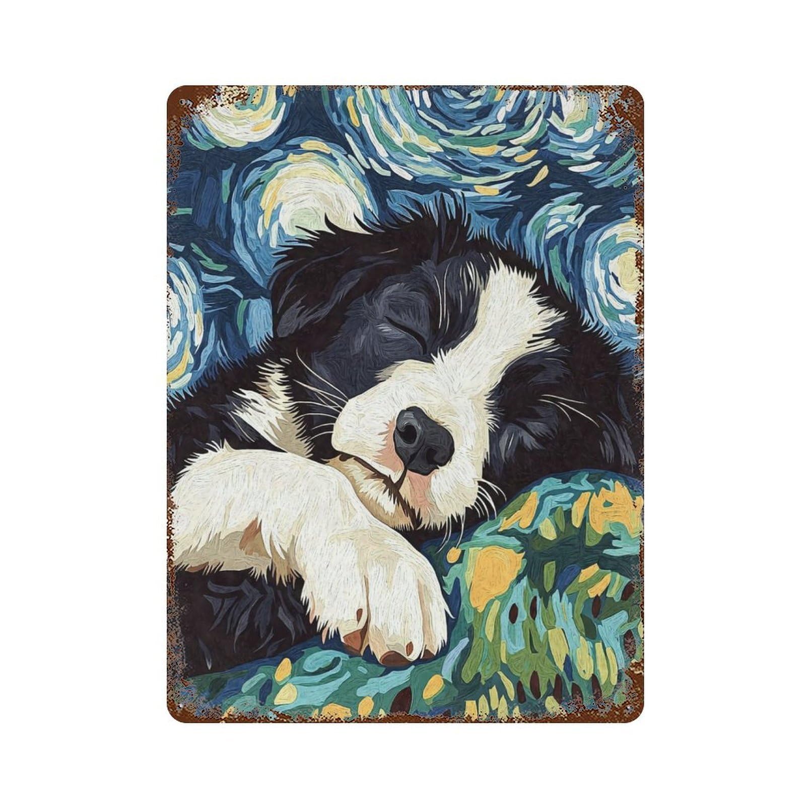 Rusty Metal Tin Sign Sleeping Border Collie Starry Night 15.7"x11.8", Industrial Home Decor for Patio, Garden Room And Bar Decor
