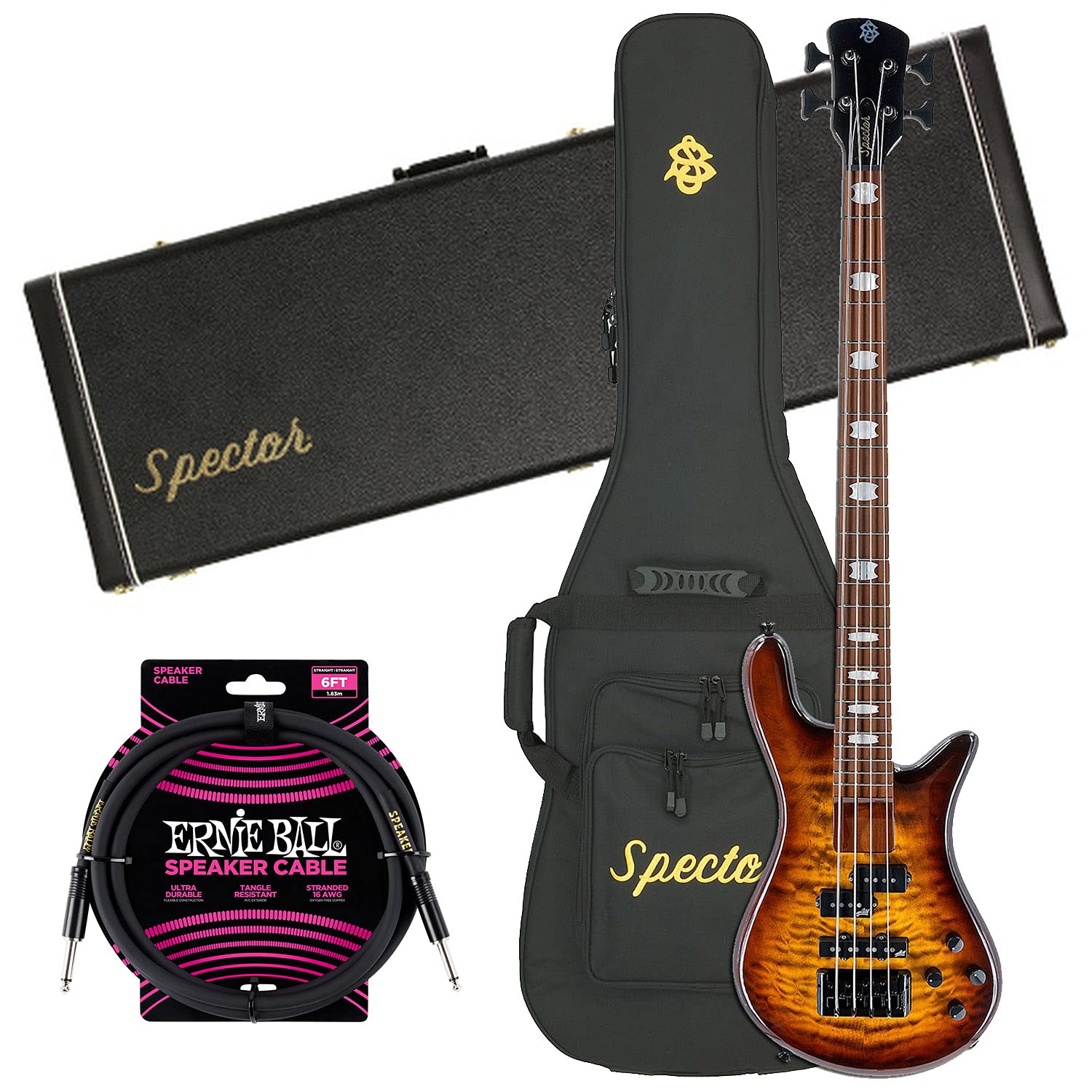 Spector EuroBolt 4 Bass Guitar – Tobacco Sunburst Gloss, Spector NS Hardshell Case, ErnieBall Cable Bundle