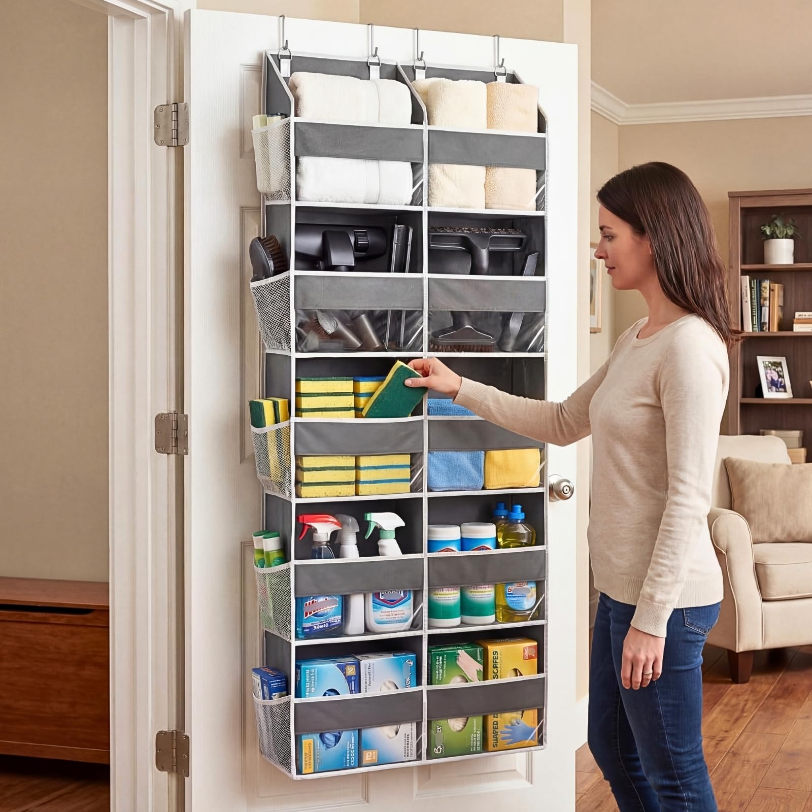 Over the Door Organizer 5 Tiers, Extra Large Rear Door Storage of 10 Compartments, 50lbs Weight Capacity Over The Door Storage Organizer for Closet, Diaper Organizer, Toy Storage
