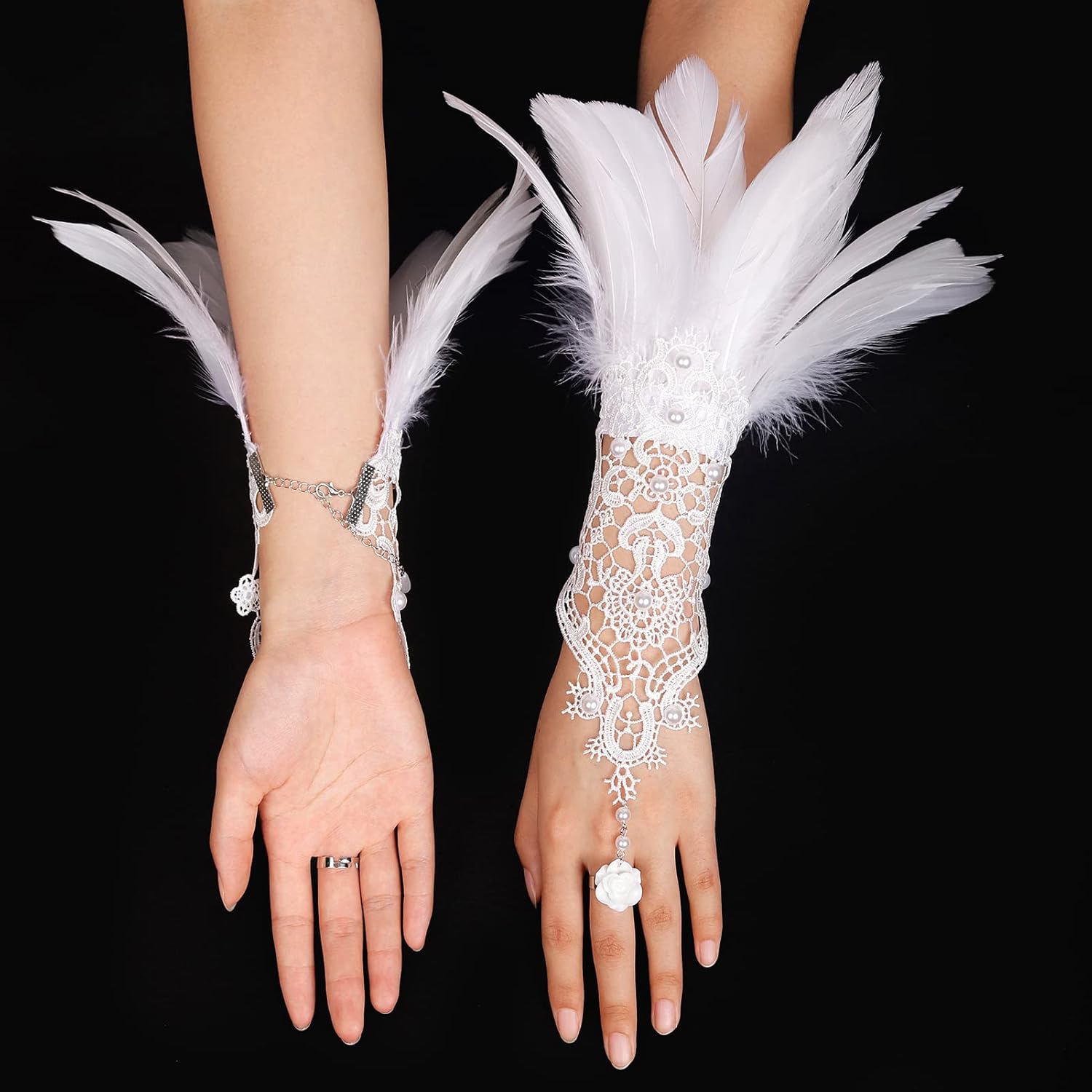 HOMELEX Women Black Lace Feather Gloves Witch Angel Costume Accessories Swan Wings Wrist Bands - Image 4
