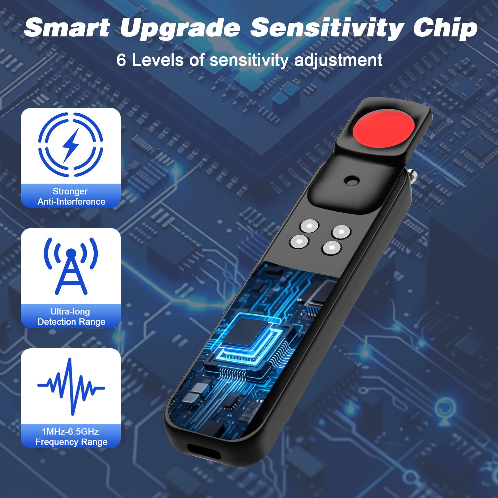 Rilevatore Microspie, Detector Telecamere Nascoste, Rilevatore di Cimici e microspie con 4 Livelli di Sensibilità per Casa, Hotel, Viaggi