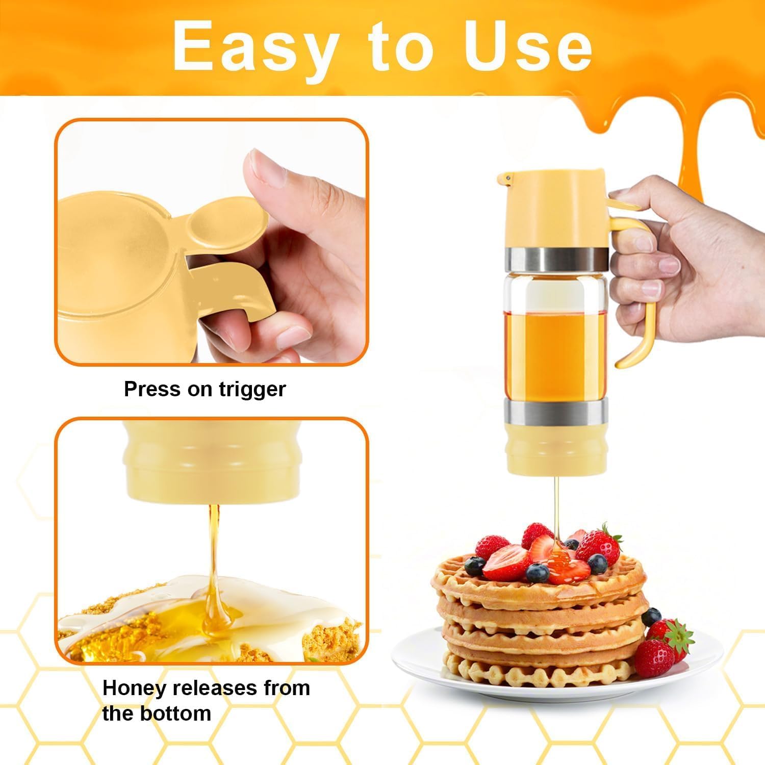Glass Honey Dispenser,10 OZ Honey Pot with Handle,No Drip Honey Container Jar,Maple Syrup Dispenser,Ideal for Honey and Syrup,Black base (Yellow)