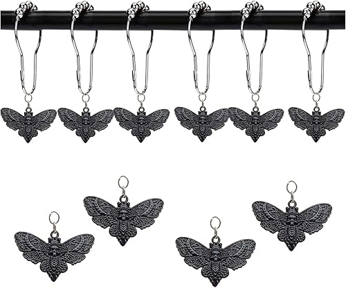 Miniatura 4 de Anillos de cortina de ducha con cabeza de muerte de calavera de Hawkmoth, 12 piezas de polilla muerta con cara de calavera para Halloween, anillos