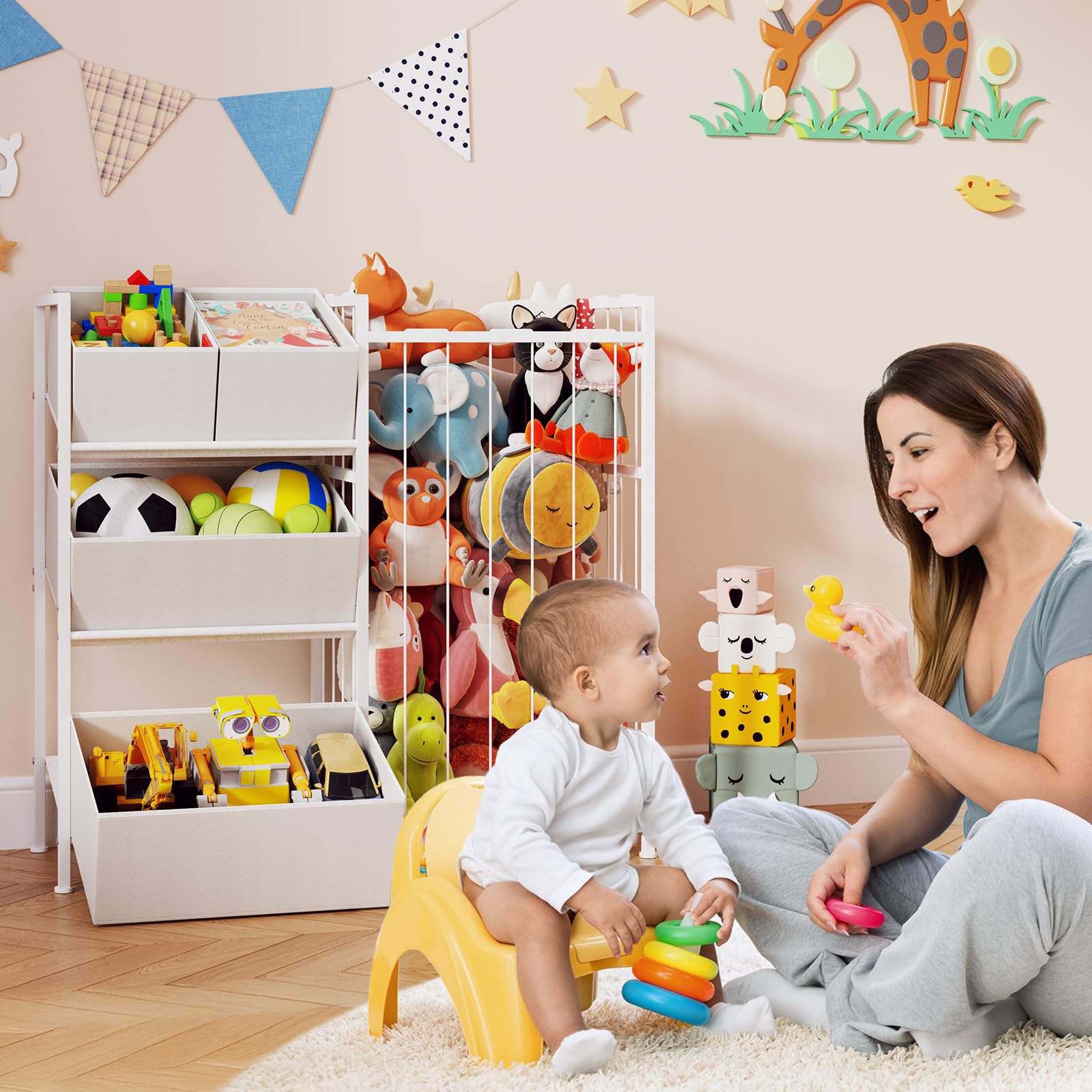 BBLIKE Rangement Peluche Chambre Enfant - Zoo Range Peluche en Roues, Meuble Rangement Jouet d'enfant, Coffre a Jouet pour Balles et Ours en Peluche Salle de Jeux (B)