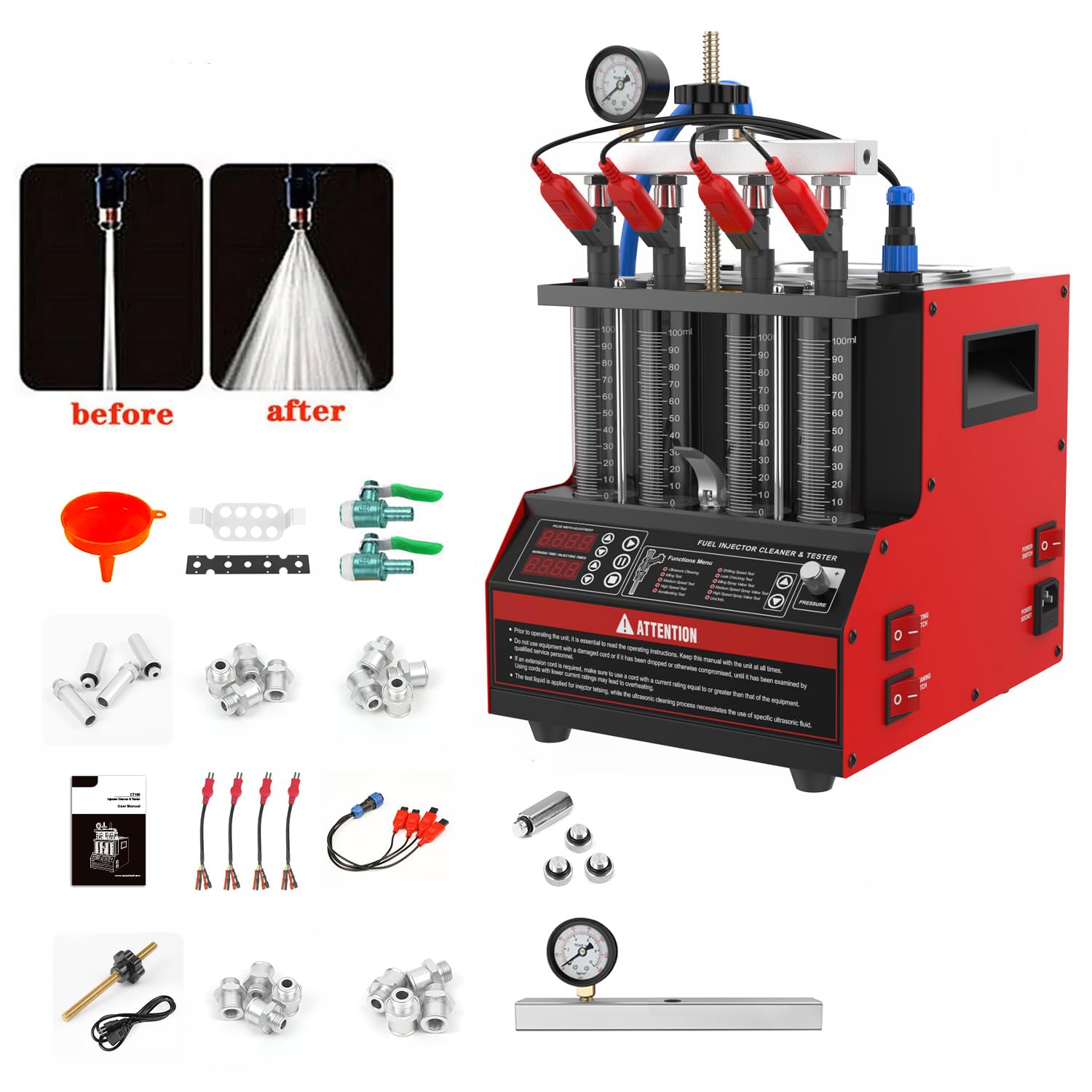Fuel Injector Cleaner,CT160 Heated Injector Cleaner Tester,4-Cylinders Fuel Injector Cleaner Tester,Fuel Injector Cleaner Kit for Gasoline Direct Injection Piezo Fuel Nozzle with 11 Functions 110V