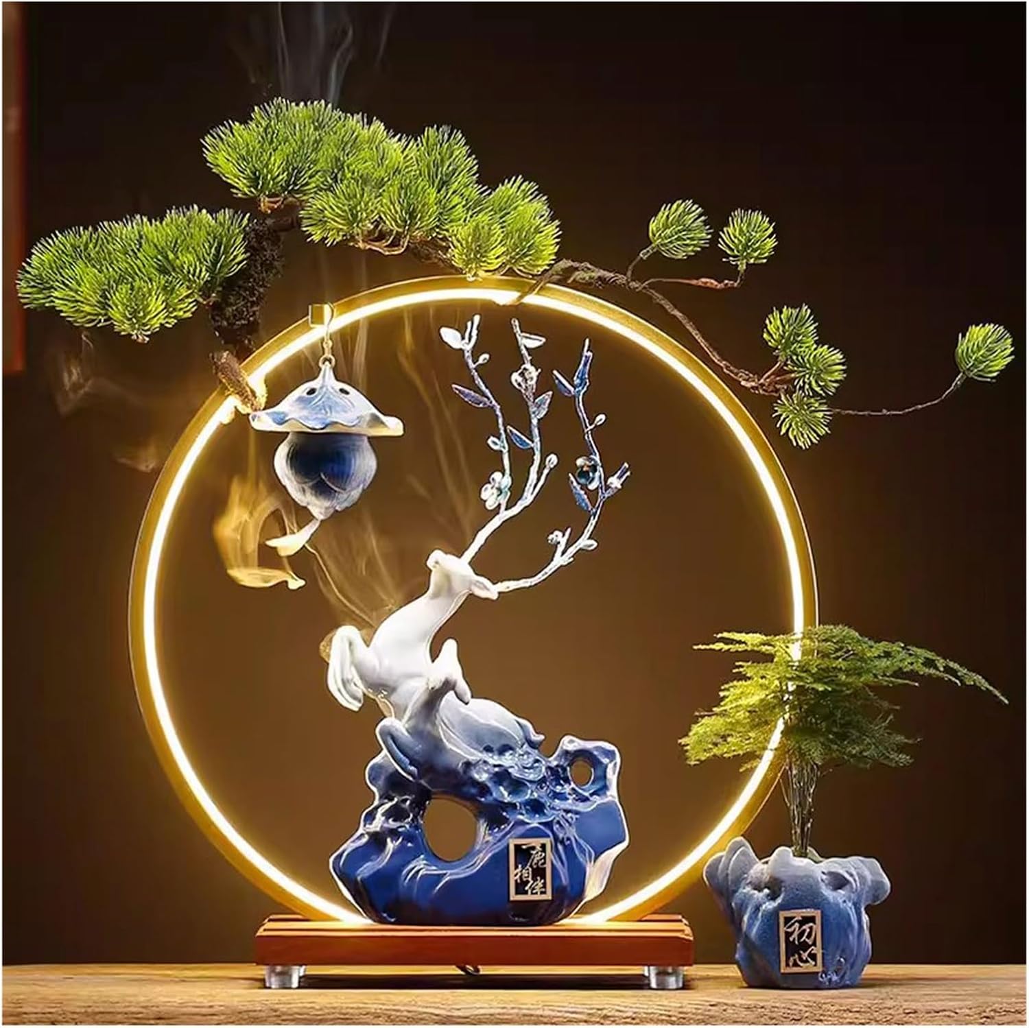 Incense Stick Holder Fawn Incense Burner Ceramic Ornaments Chinese Style Home Incense Burner Living Room Decoration with Light Ring and Base Incense Holder for Sticks (Color : B)