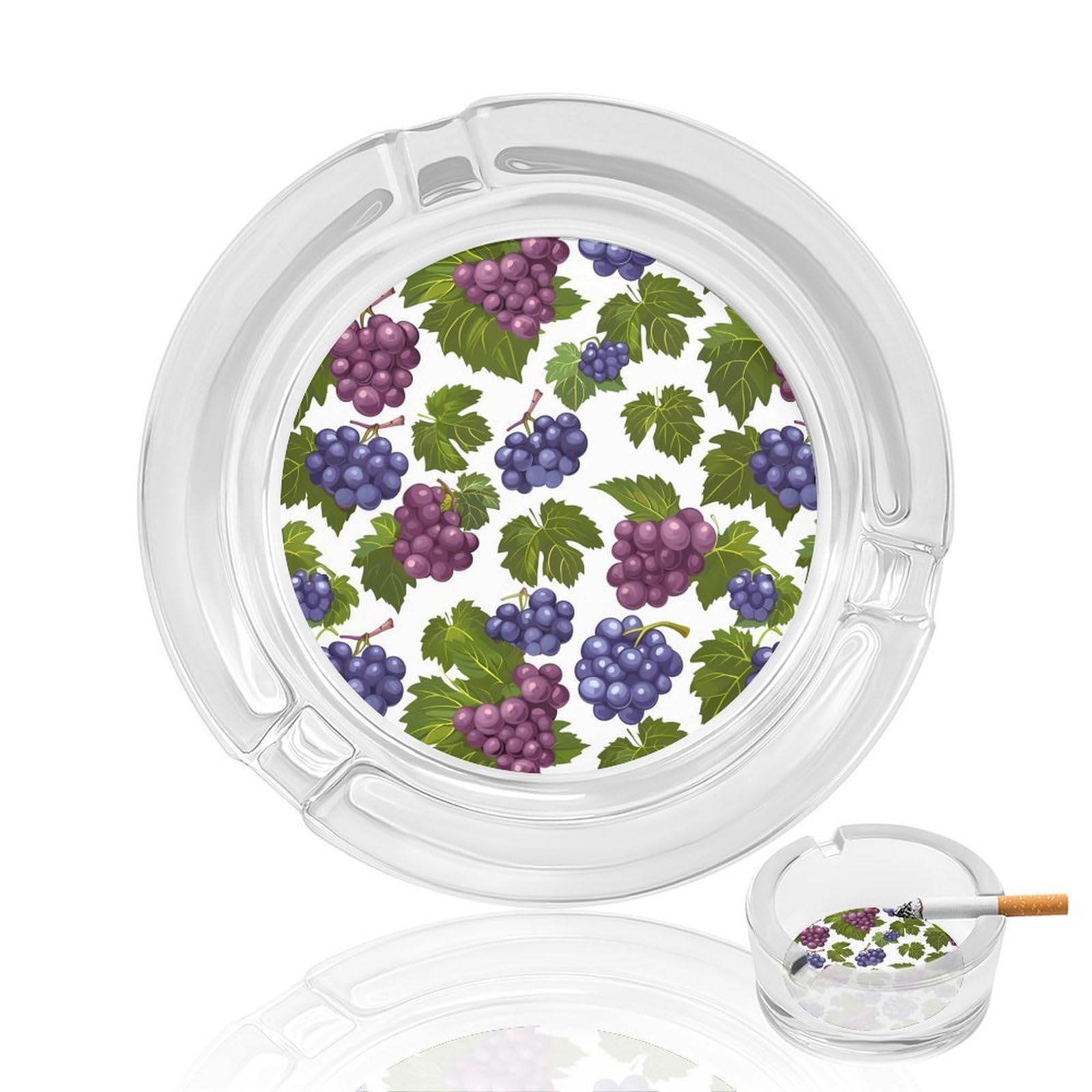 Purple Grapes with Green Leaves Ashtray Portable Round Glass Outdoor Ash Tray for Home Office Garden Pub