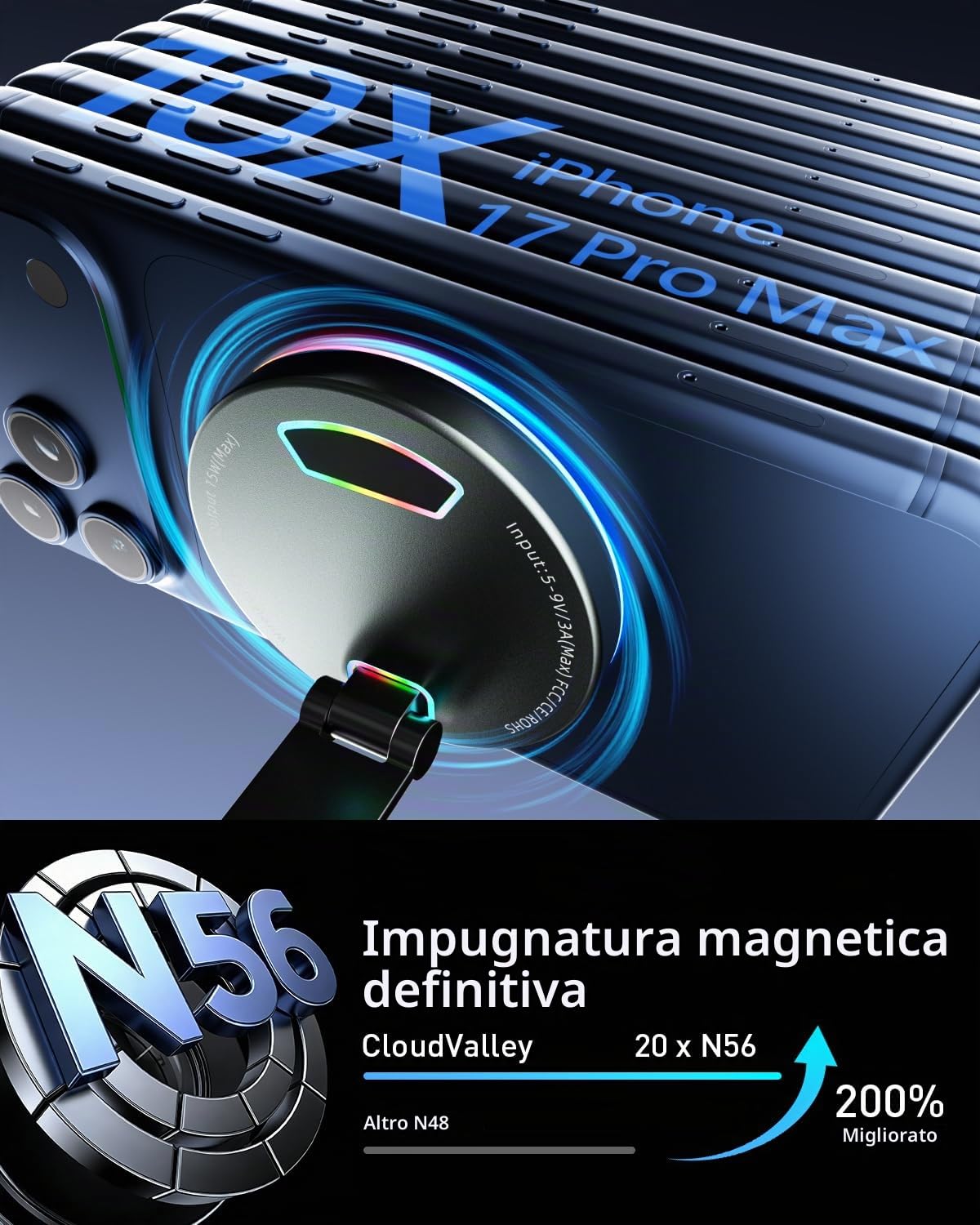 CloudValley per MagSafe Supporto Caricatore per Auto, Ricarica Wireless Rapida 15W e Ventosa a Vuoto Rotante 360°, Supporto Magnetico con Luce RGB per iPhone 17-12/Cruscotto/Parabrezza/schermo