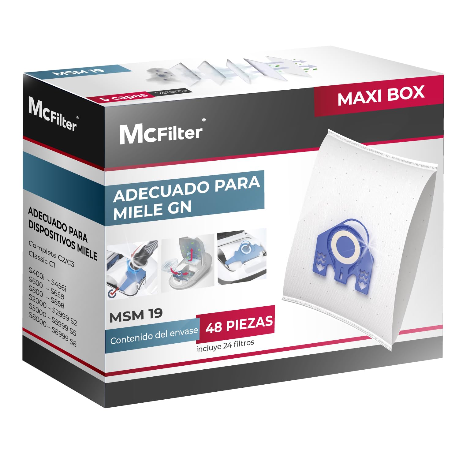 McFilter | 48 bolsas de polvo adecuadas para aspiradoras Miele serie GN S2 S4 S5 S6 S8, Complete C2/C3, Classic C1 | bolsa de polvo incl. 24 filtros | MAXI BOX