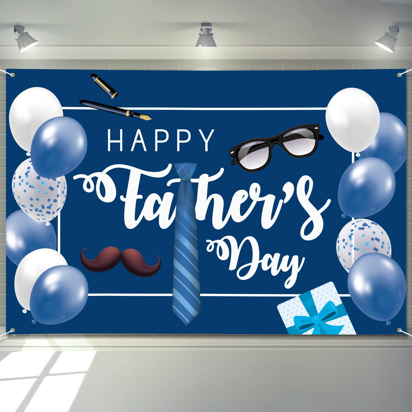 Arosche Fathers Day Banner Decorations 72" x 48" Happy Father's Day Backdrop Balloons Glasses Gifts Fathers Day Party Supplies Photography Background