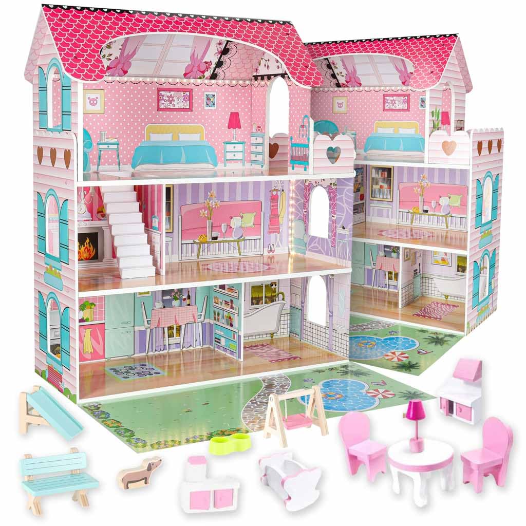 Casa delle Bambole in Legno con Giardino, LED - Rosa - Grande 70 x 61 x 51 cm