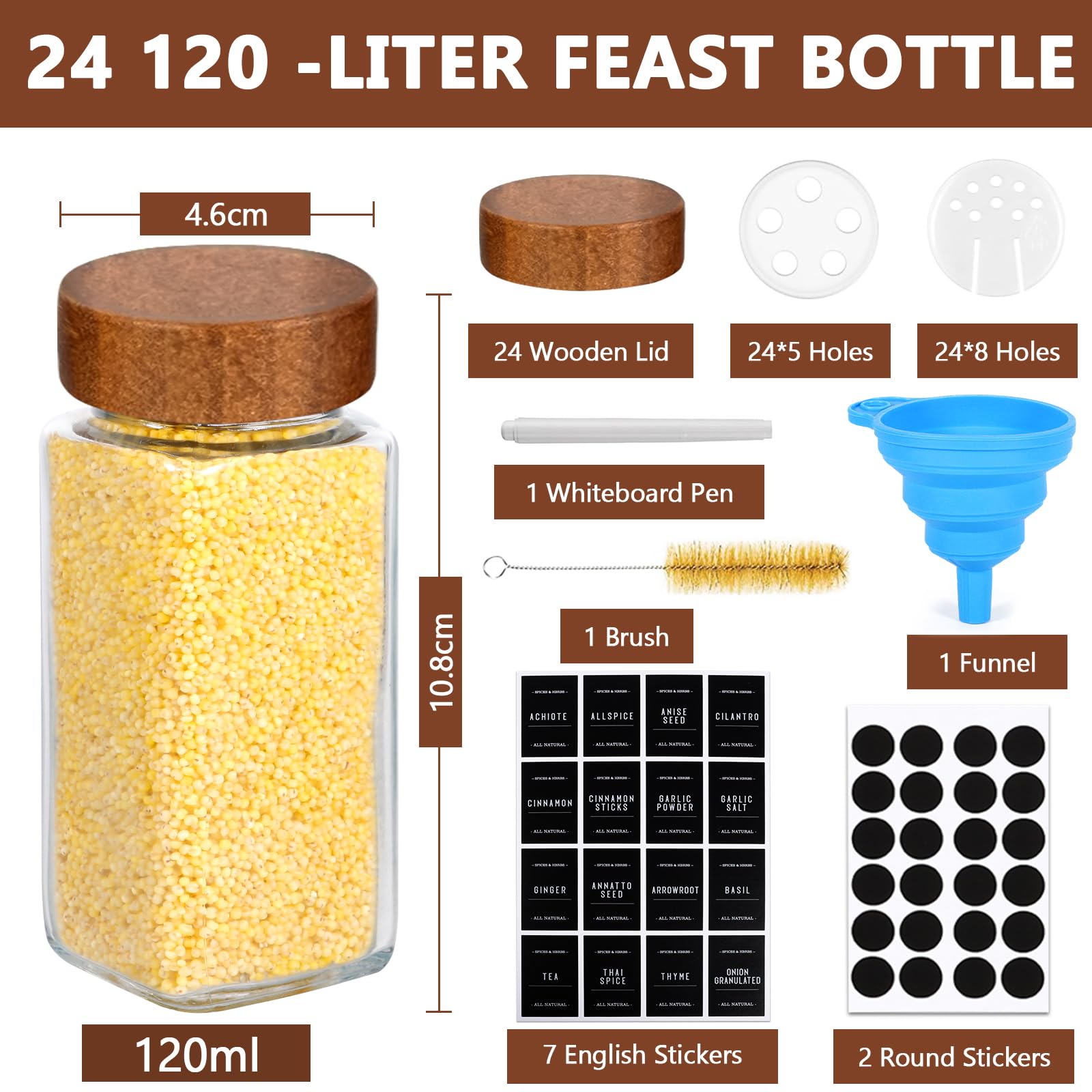 Pot à Épices en Verre et Bois, 24 Pièces 120ml, Set avec Étiquettes, Entonnoir, Brosse