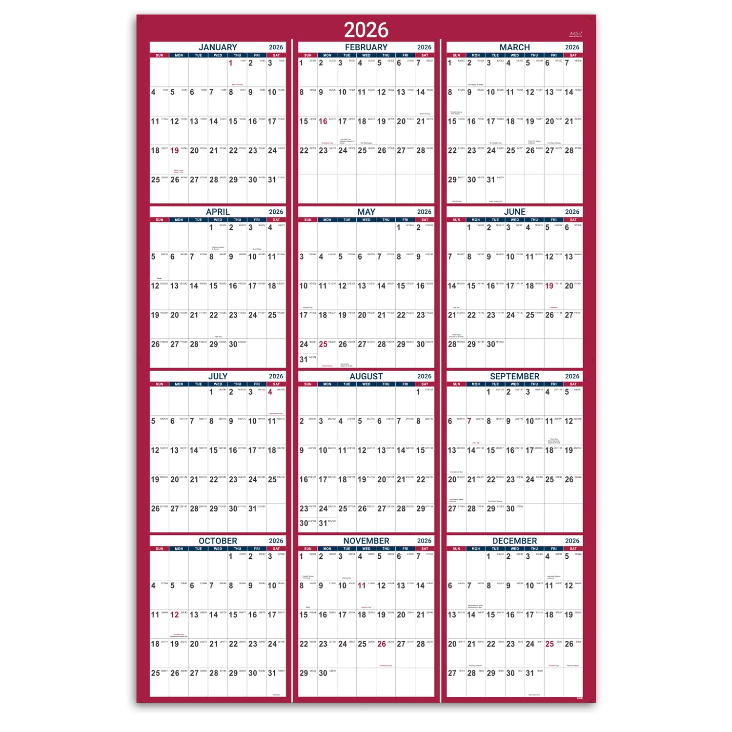 2020 Yearly Wall Calendar - 2020 Yearly Full Wall Calendar with Thicker Paper, January 2020 - December 2020, Bonus Pocket, 34.3" x 22.8", XLarge, Vertical - Blue/Red by Artfan