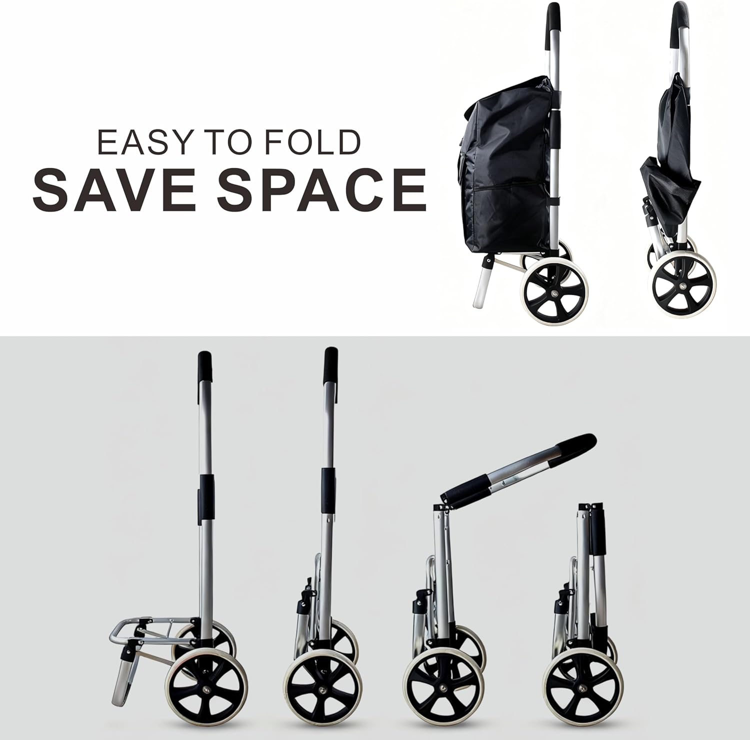 Foldable Utility Cart, 40L Rolling Shopping Cart with Wheels, Waterproof Removable Bag, Collapsible Trolley for Groceries Office Laundry Craft Show Travel (Black-2 Wheels)