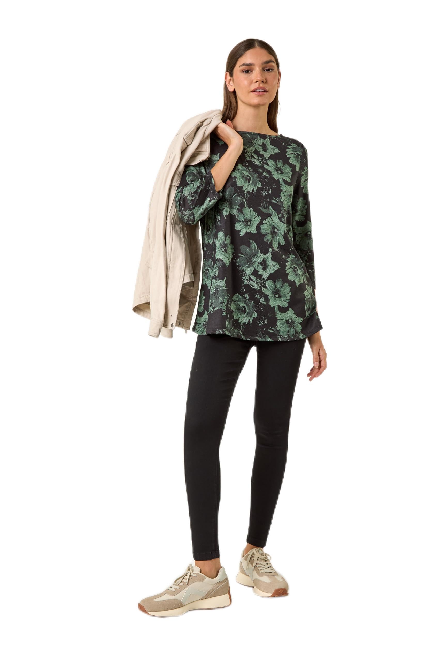 Roman Originals Women's Black Jade Hanky Hem Tunic Top For Uk - Longline Blouse Asymmetric Hemline Casual Slouch Loose 3/4 Sleeves Round Neck Relaxed Comfortable Holiday - Size 12