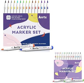 Arrtx Acrylic Markers 30A & 30B Acrylic Markers Brush Tip Acrylic Pens Markers for Rock Painting,Wood,Glass,Ceramic