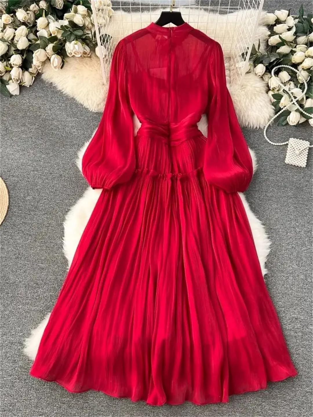 Vsadsau Abito da donna tinta unita plissettato colletto alla coreana manica lunga A-Line Zipper Maxi abiti