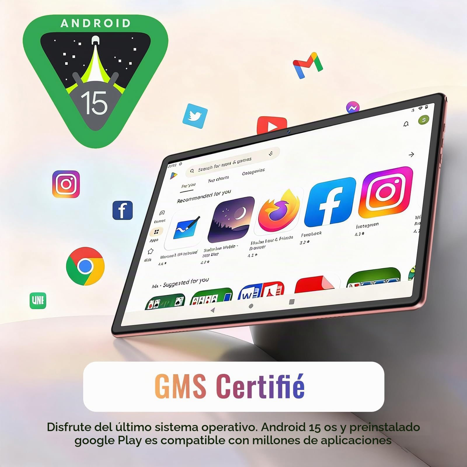 Gemini AI Android 15 Tablet 10 Pulgadas , 64GB ROM + 2TB TF, , Octa-Core, 5G WiFi 6, Widevine L1, GMS, Bluetooth 5.0, 5MP+ 8MP, 3.5mm Audio, 1280 * 800 FHD IPS, 2026 Tablet con Teclado y Ratón - Rosa