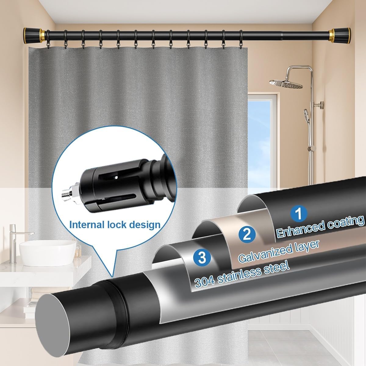 Barra de ducha ajustable sin taladro, barra telescópica de 142 a 177 pulgadas, fácil instalación, se adapta a 360-450 cm, perfecta para renovar el baño del hogar