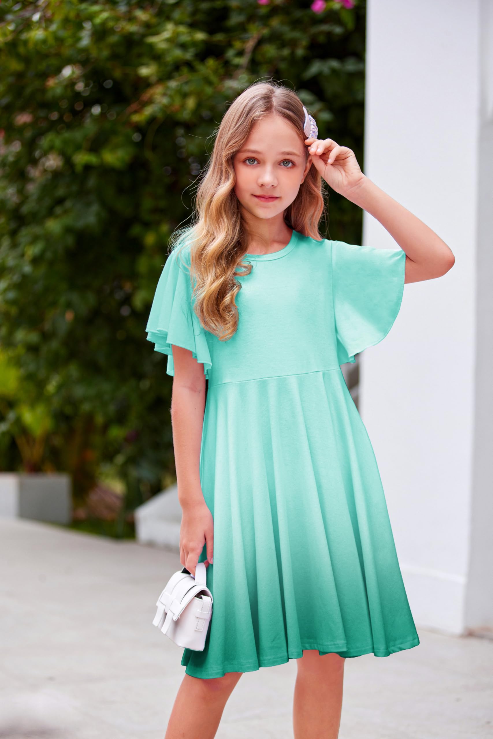 Arshiner Sommerkleid Mädchen Kinder Kleid mit Flügelärmeln und Taschen A-Linie Skaterkleid Rundhals Weiches Baumwollkleid Partykleid für Alltag und Schule, 5-13 Jahre