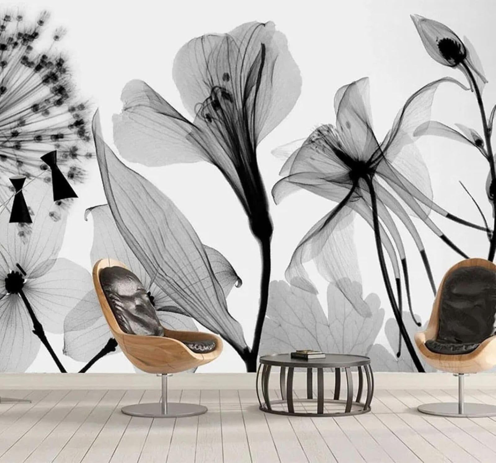 Xlming 350Cm×256Cm(B×H) Hand Drawn Black And White Dandelion Flowers Art 3D Wallpaper Luxury Home Dining Decor Paste Sofa Living Room The Wall For Bedroom Mural-350Cm×256Cm