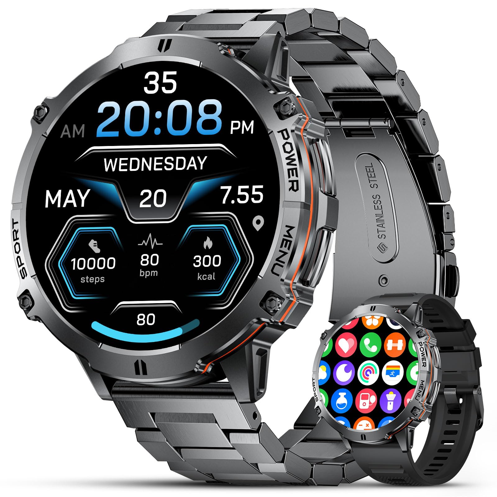 LIGE Militaire smartwatch voor heren, 800 mAh/1,85 inch HD