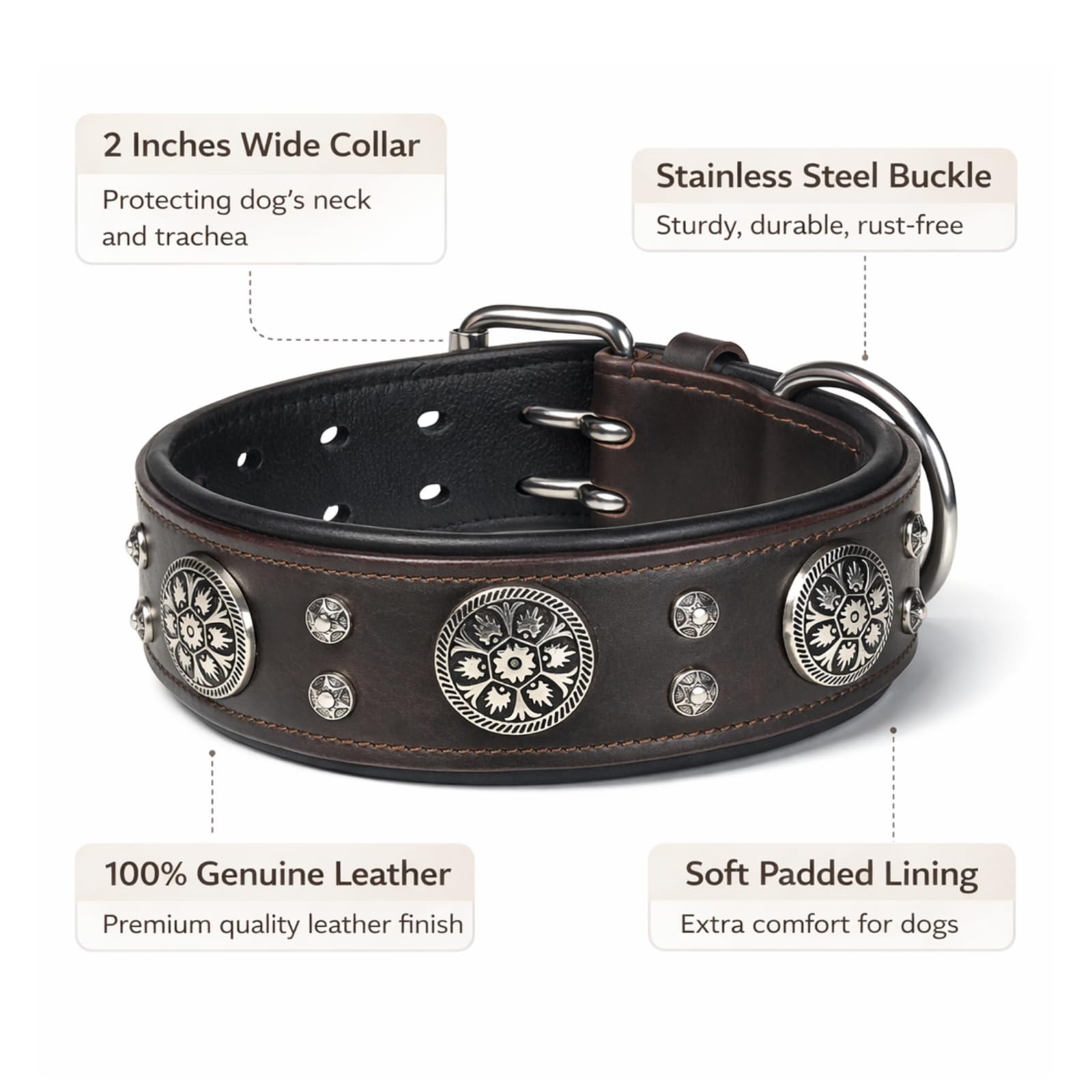 Handgefertigtes Hundehalsband aus echtem Leder, 5,1 cm breit, strapazierfähig, weich und luxuriös, Western-Design mit Doppelzinken-Schnalle, ideal für große und mittelgroße Hunderassen, Braun, Größe M