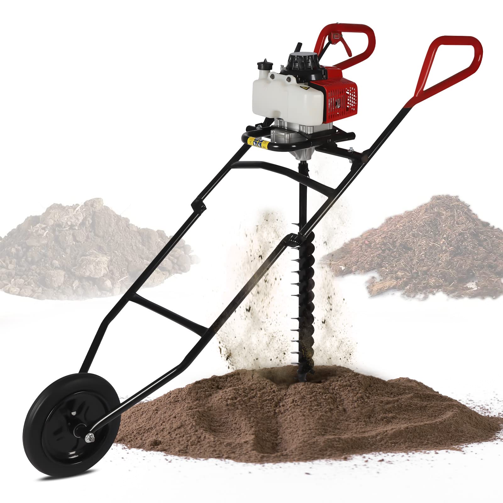 63CC Benzin Erdbohrer Erdlochbohrer mit 80mm Bohrer, 3HP Pfahlbohrer mit Fliehkraftkupplung, Faltbar Hand Push Brunnenbohrer für Landwirtschaft/Forstwirtschaft/Baumpflanzungen - Schwarz