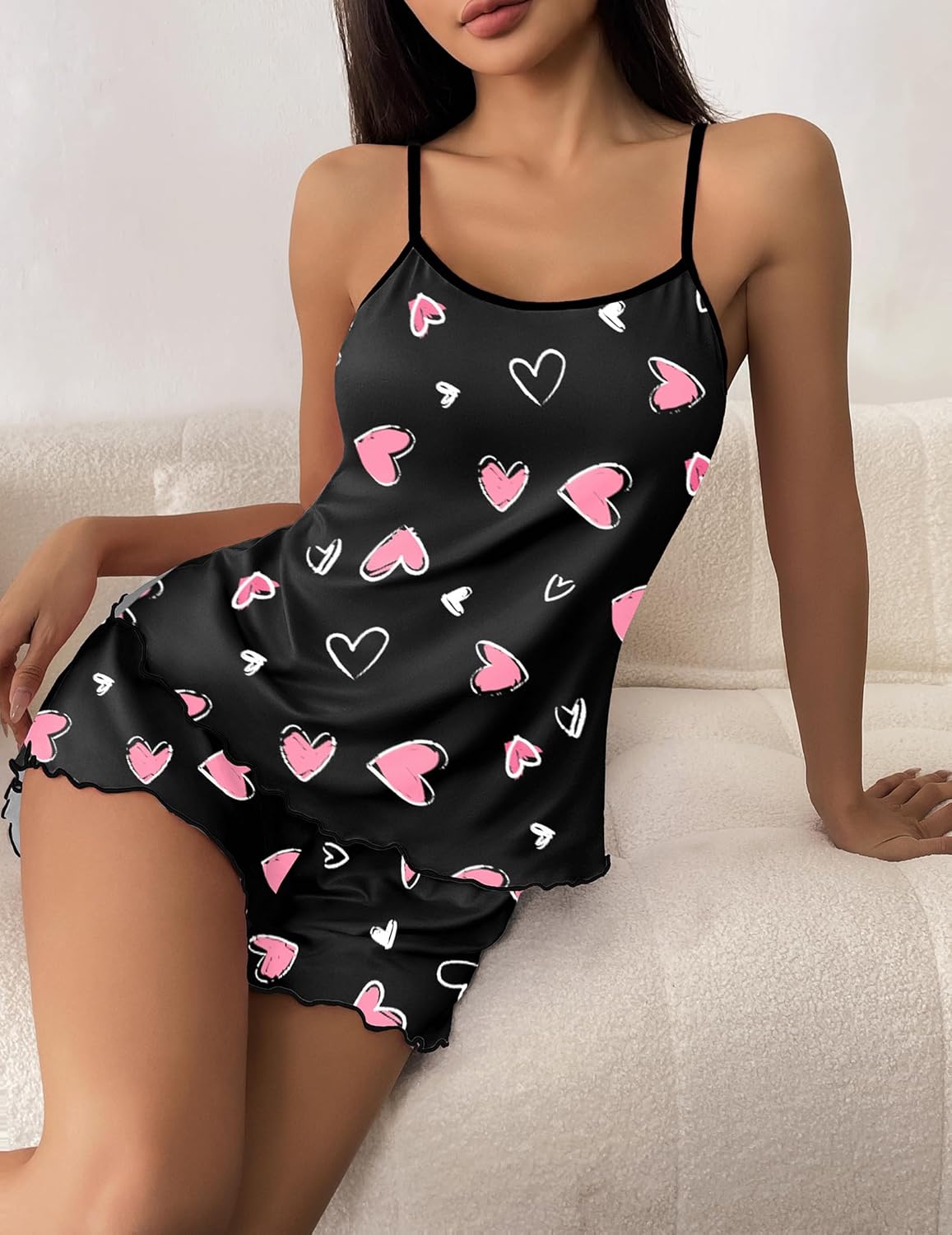 Ekouaer Womens Cami Pajama Sets 2 Piece Cute Print Pjs Soft Tank Top & Elastic Waist Shorts Camisole Lounge Set - Image 4