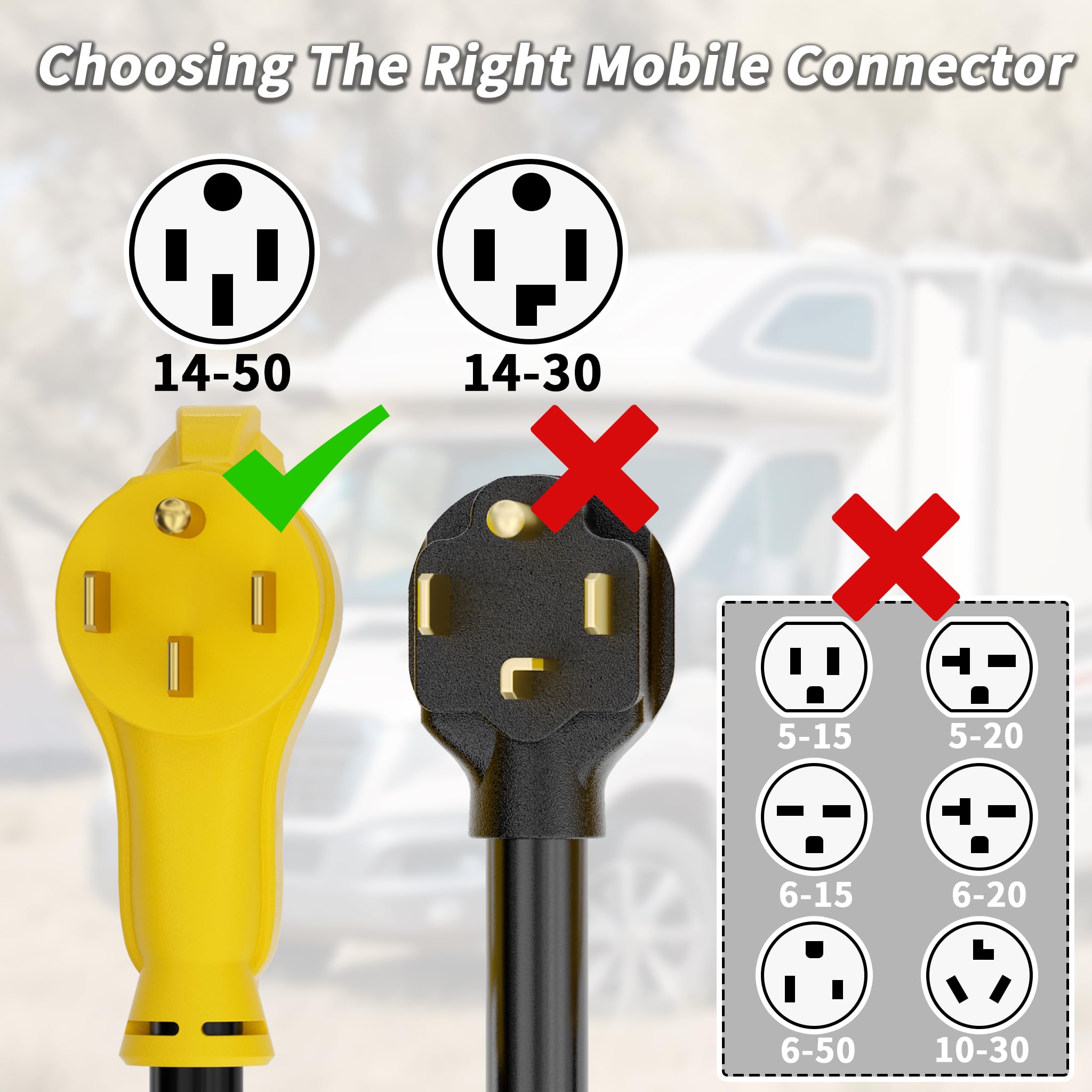PlugSaf Cable de extensión RV/EV de 30 pies y 50 amperios para Exteriores con Mango de Agarre, Cable de alimentación Flexible de 4 Puntas Resistente Calibre 6/3+8/1 STW RV Impermeable, NEMA 14-50P a
