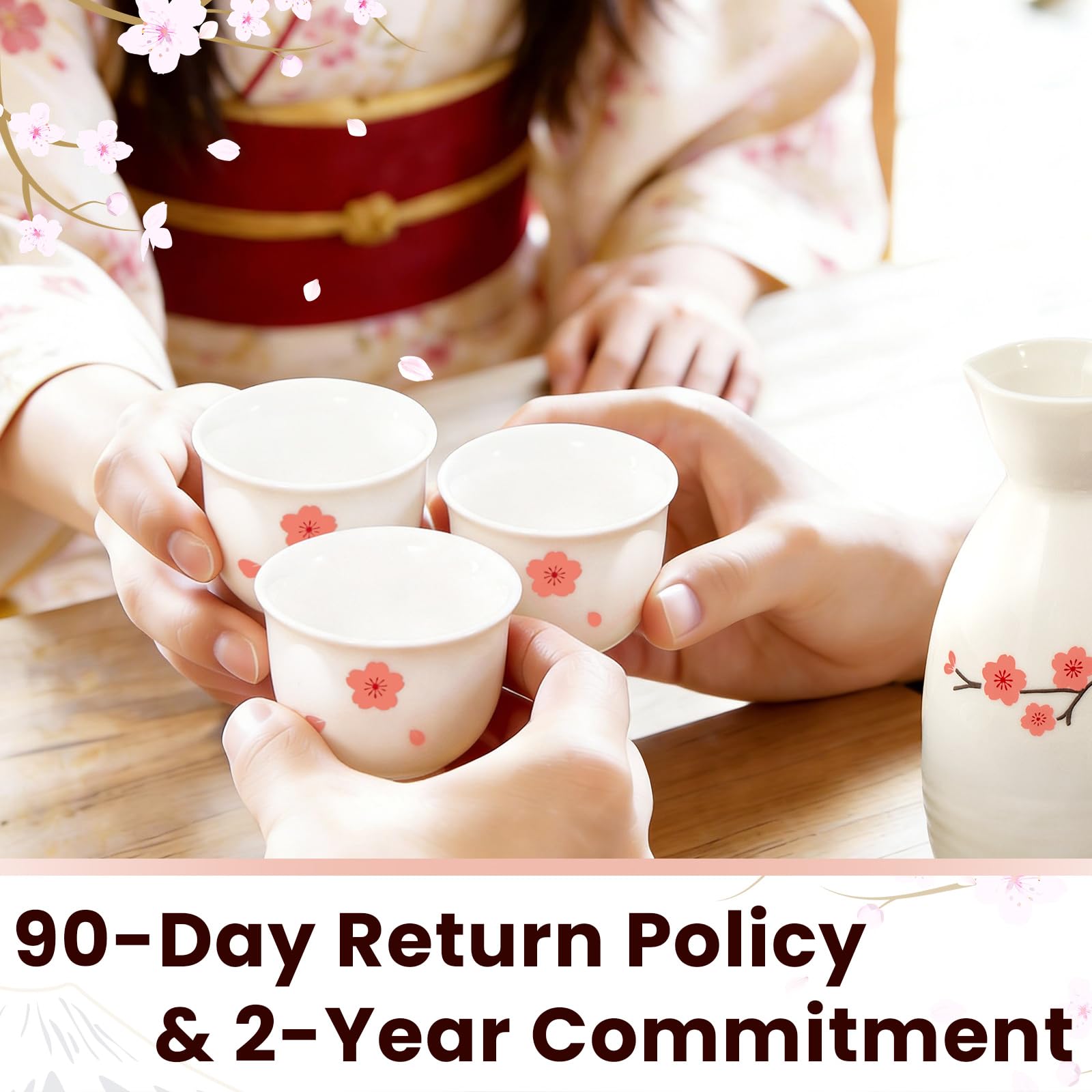 DUJUST Service à saké japonais 10 pcs avec chauffeur pour 6 personnes, design Sakura&Fuji en porcelaine, 6 tasses,1 carafe,1 chauffeur,1 brûleur à bougie,1 plateau,1 boîte, carafe à saké chaud - Blanc