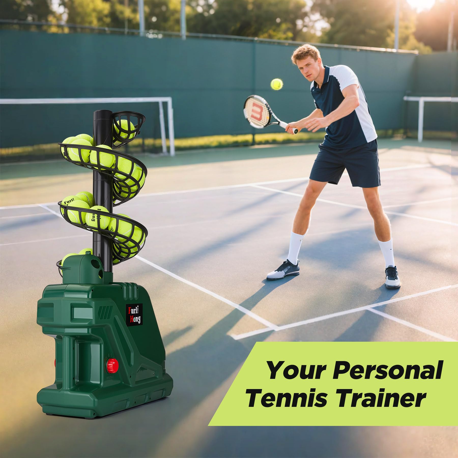 Furlihong 3819BH Macchina per pallina da tennis, max 30 MPH, angolo di lancio regolabile e intervallo, regolazione continua della velocità, funzionamento a batteria o adattatore AC da 12 V, per