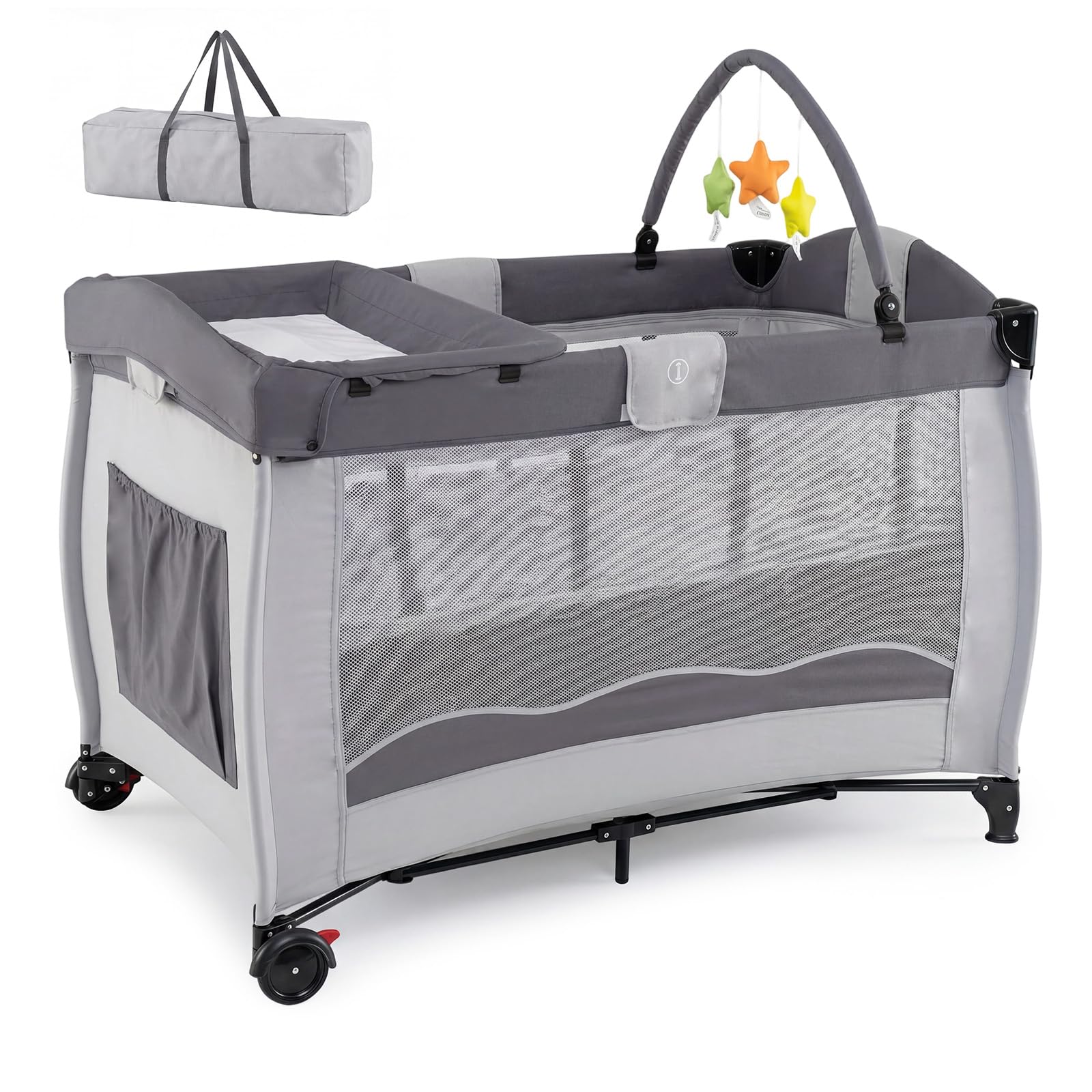 GYMAX 4 in 1 Baby Travel Cot with Diaper Changing Table (Grey)